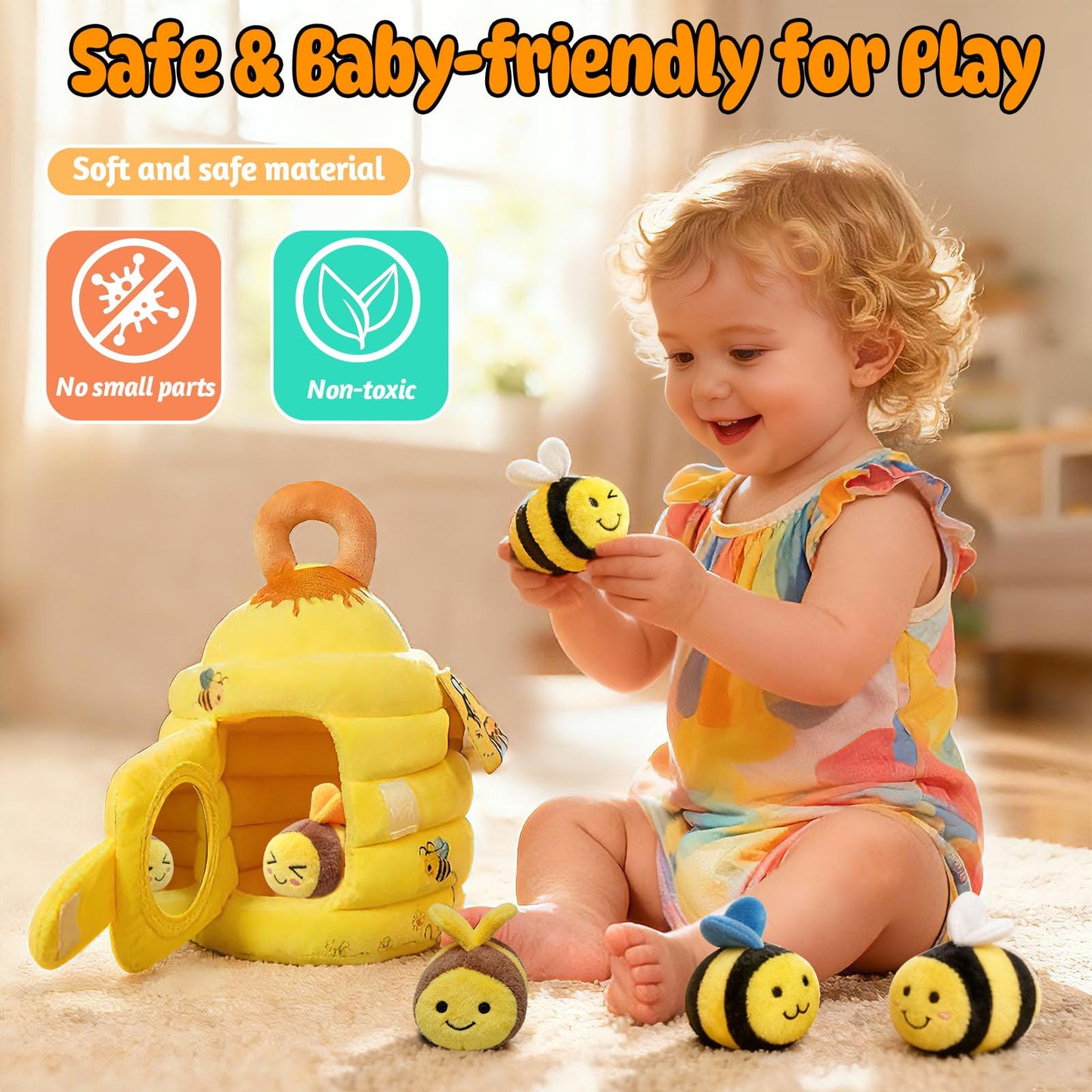 wahaczon Baby Toys - Soft Beehive with 5 Sensory Bees Crinkle, Rattle, Squeaker, Mirror Portable Sensory Toys Montessori Bee Toy for Toddlers, Boy Girl Birthday Christmas Gift