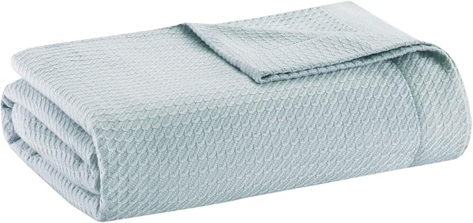 Madison Park Soft Certified 100% Egyptian Cotton Breathable Cozy Blanket, Waffle Knit Classic Design, Luxury All Season Lightweight Cover for Bed, Couch and Sofa, Light Blue Full/Queen(90"x90")