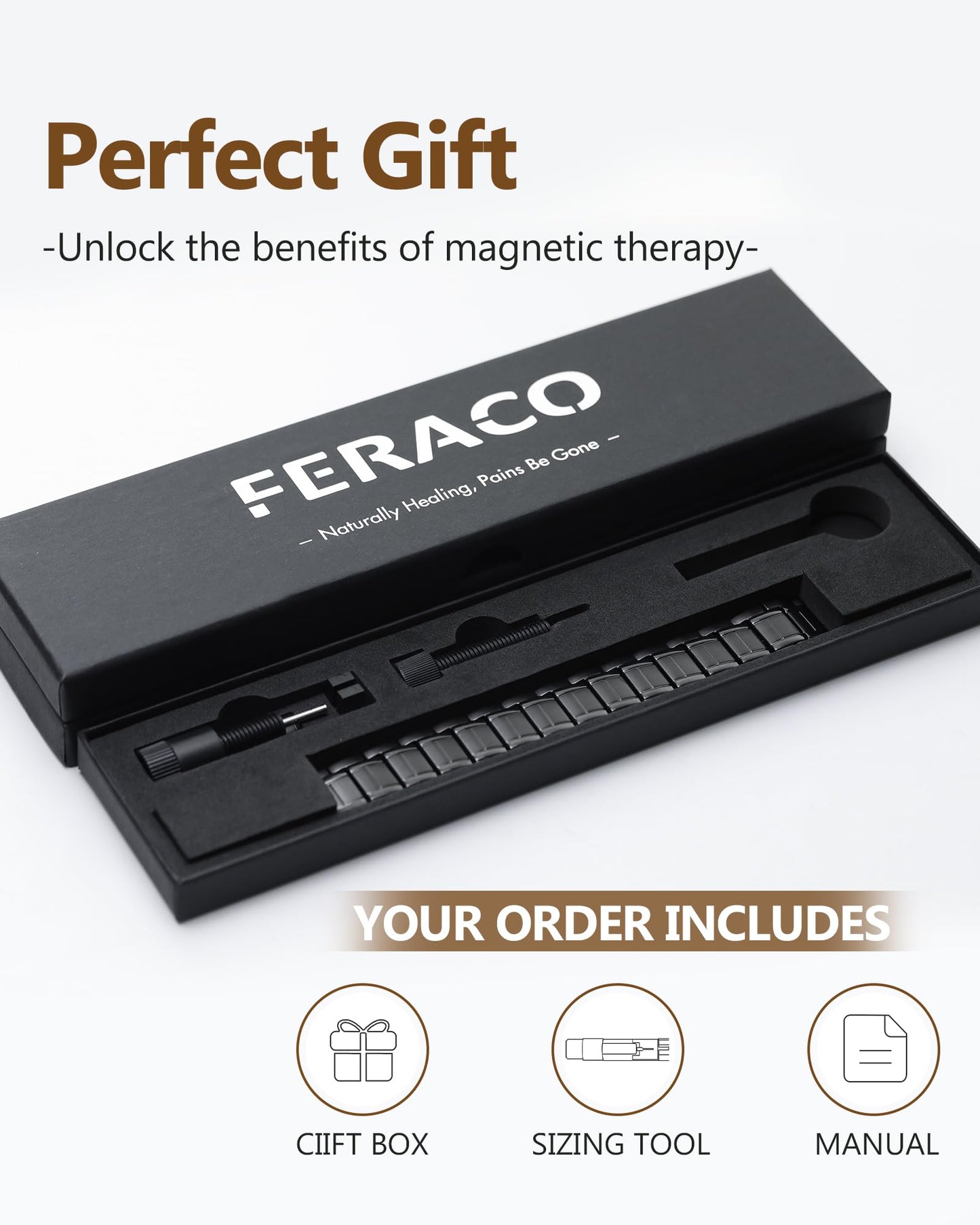 Feraco 3X Magnetic Bracelets for Men Titanium Steel Magnetic Bracelet with 3 Rows Magnets (Black)