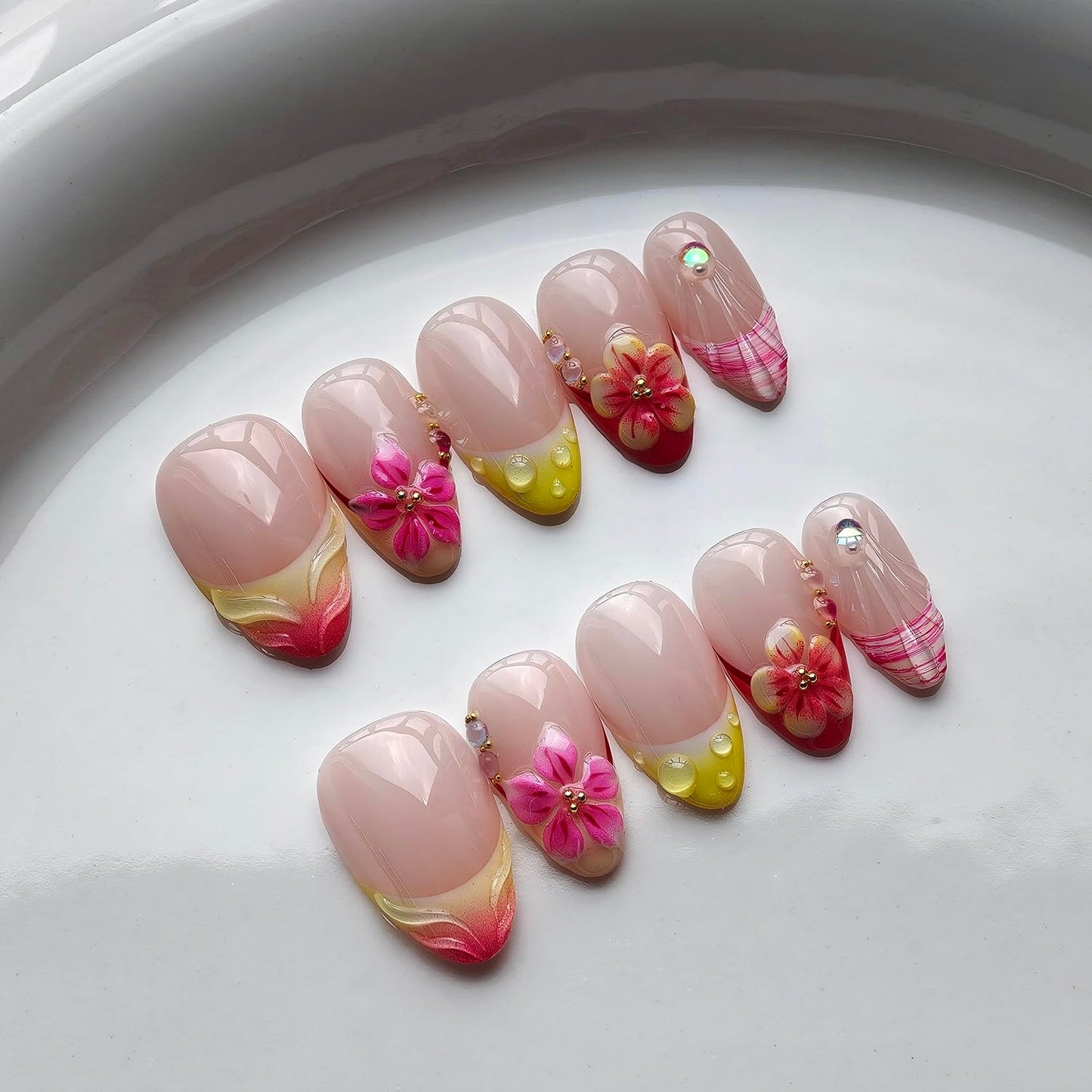 French Tip Press on Nails Handmade Short Almond 3D Thick Acrylic Nails False Nails with Gold Ball Flower Gradient Designs Nude Pink Glossy Fake Nail Sturdy Art Press on Nail 10Pcs(S)