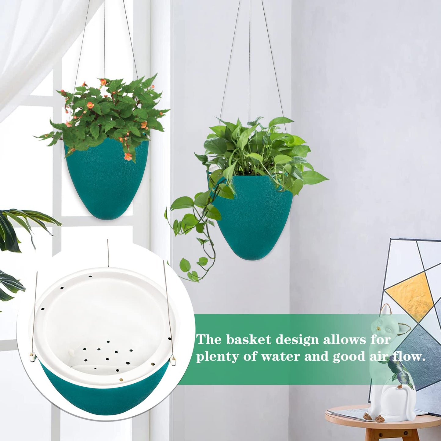 Sungmor Unique Eggshell Self Watering Hanging Planters, 3PC Modern Fashion Teal 7.2" Dia Large Waterself Hanging Pots for Plants, Indoor Outdoor Ceiling Hanging Baskets Flowerpot Wicking Planter Pots