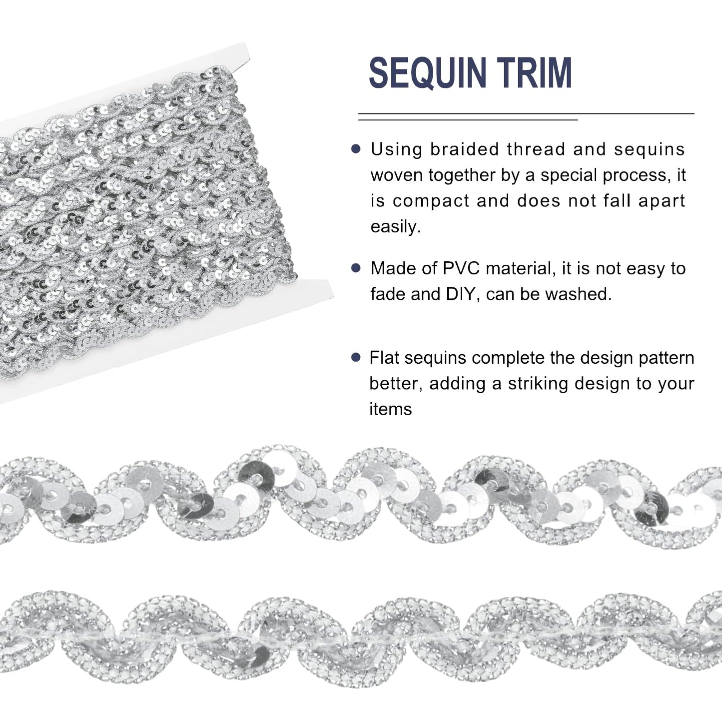 MECCANIXITY 15 Yards Sewing Sequin Trim 0.4 Inch Sequin Braid Beaded Lace Trim Strip Paillette Ribbon for Crafts, Embellishments, DIY Sewing Costume Silver