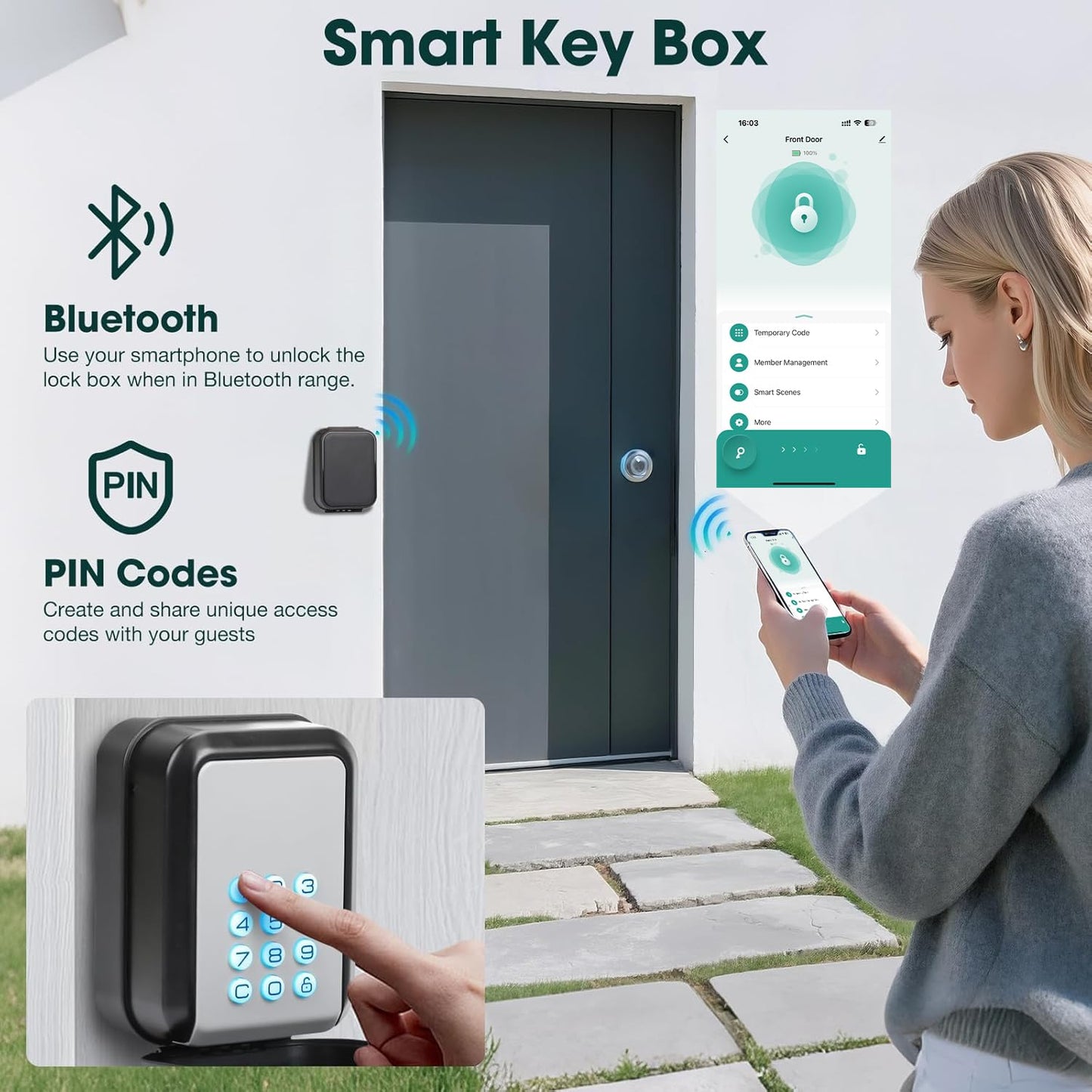 Thlevel Smart Key Lock Box Electronic Bluetooth Lock Box with Tuya APP Control & PIN Code Types,Share eKey Wall Mounted Lock Box for Airbnb Realtor House Office