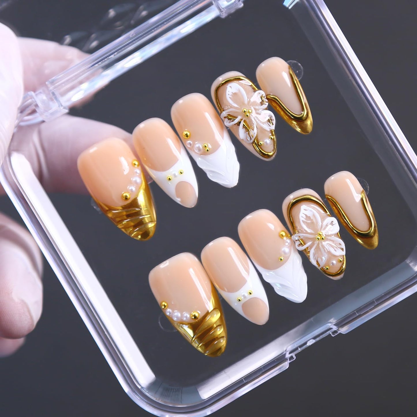 MAGLFELL Press On Nails - Handmade French Almond Fake Nails, French Nails Design, Reusable Artificial Almond False Nails for Women 10 Pcs 3D Acrylic Nails Kit (Size M)