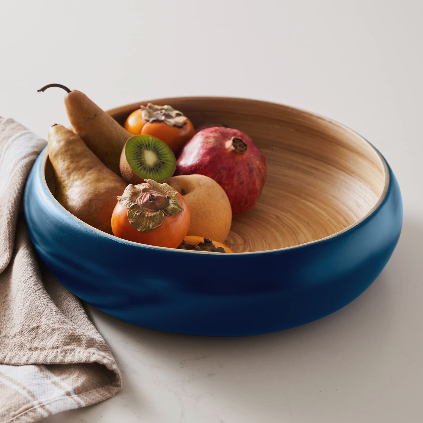 HABITAAS Fruit Bowl for Kitchen Counter – Handmade Spun Bamboo, Large 11.75" Fruit Basket, Eco-Friendly Decorative Serving Bowl for Home Decor, Produce Storage & Centerpiece (Blue)