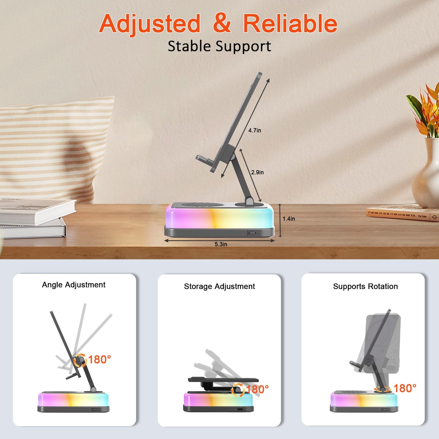 Wireless Induction Speaker with 180° Flexible Phone Stand, Bluetooth 5.3 Speaker for Desk with 3000mAh Emergency Power Bank, 5 in 1 Phone Speaker Amplifier with RGB Light, Gift for Men Women (Black)