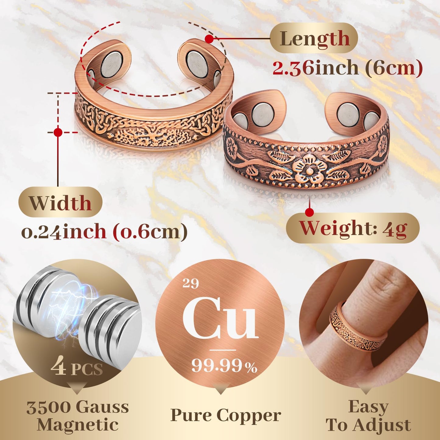Auramag Copper Rings for Women, Magnetic Rings with 3500 Gauss Magnets, Adjustable, 100% Pure Copper, Lymphatic Drainage, Tree of Life & Plum Blossom Design