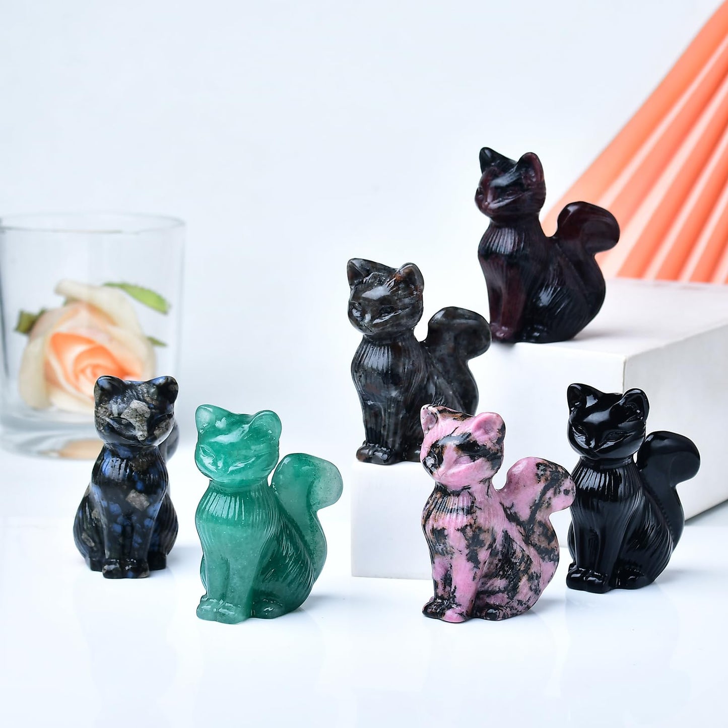 WUYOUSHI Natural Flame Stone Crystal Cat Statue 2.4 Inch - Handmade Healing Sculpture, Lucky Guardian Pocket Statue for Reiki Meditation, Office & Home Decoration Gift