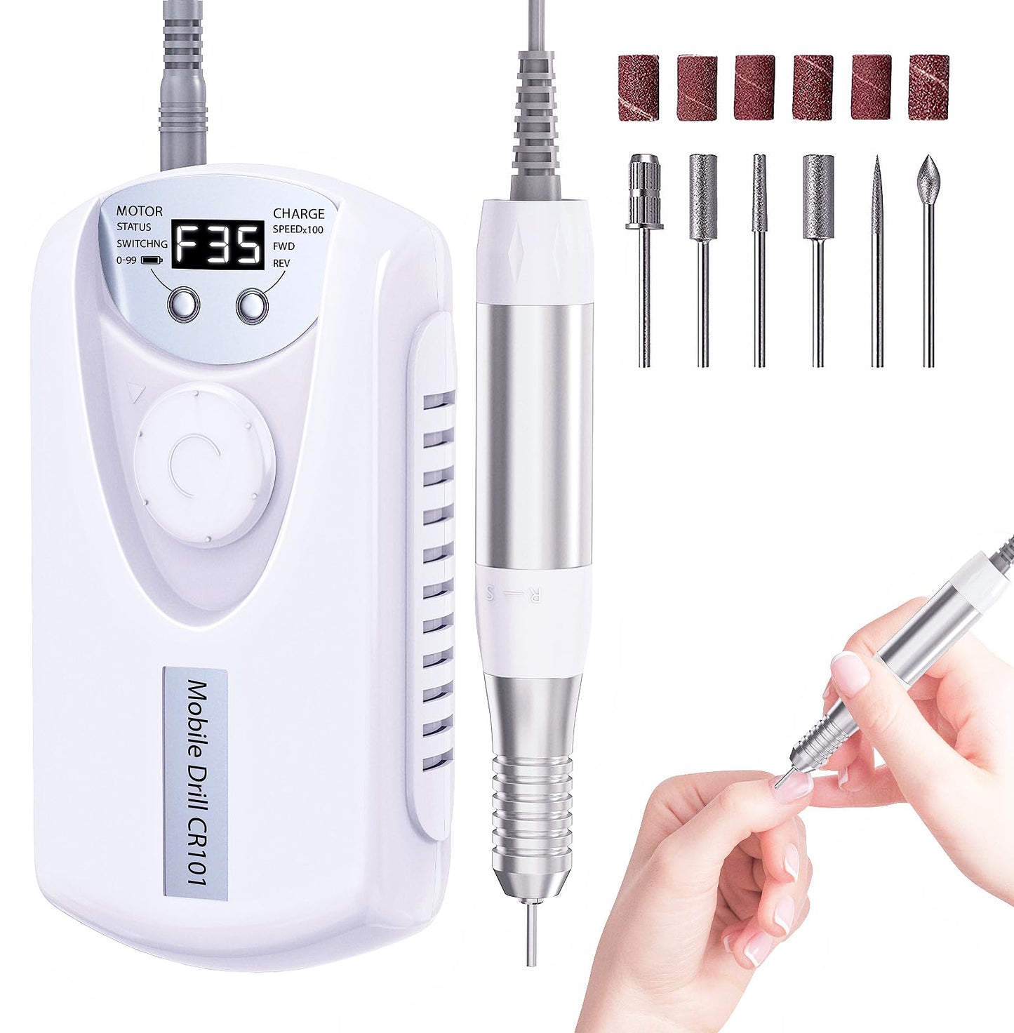 Professional Nail Drill Electric File:COYZU 35000RPM Portable Cordless Nail Drill Machine with Bits, Rechargeable E File for Acrylic & Gel Nails, Manicure & Pedicure Tech Tool for Home Salon, White