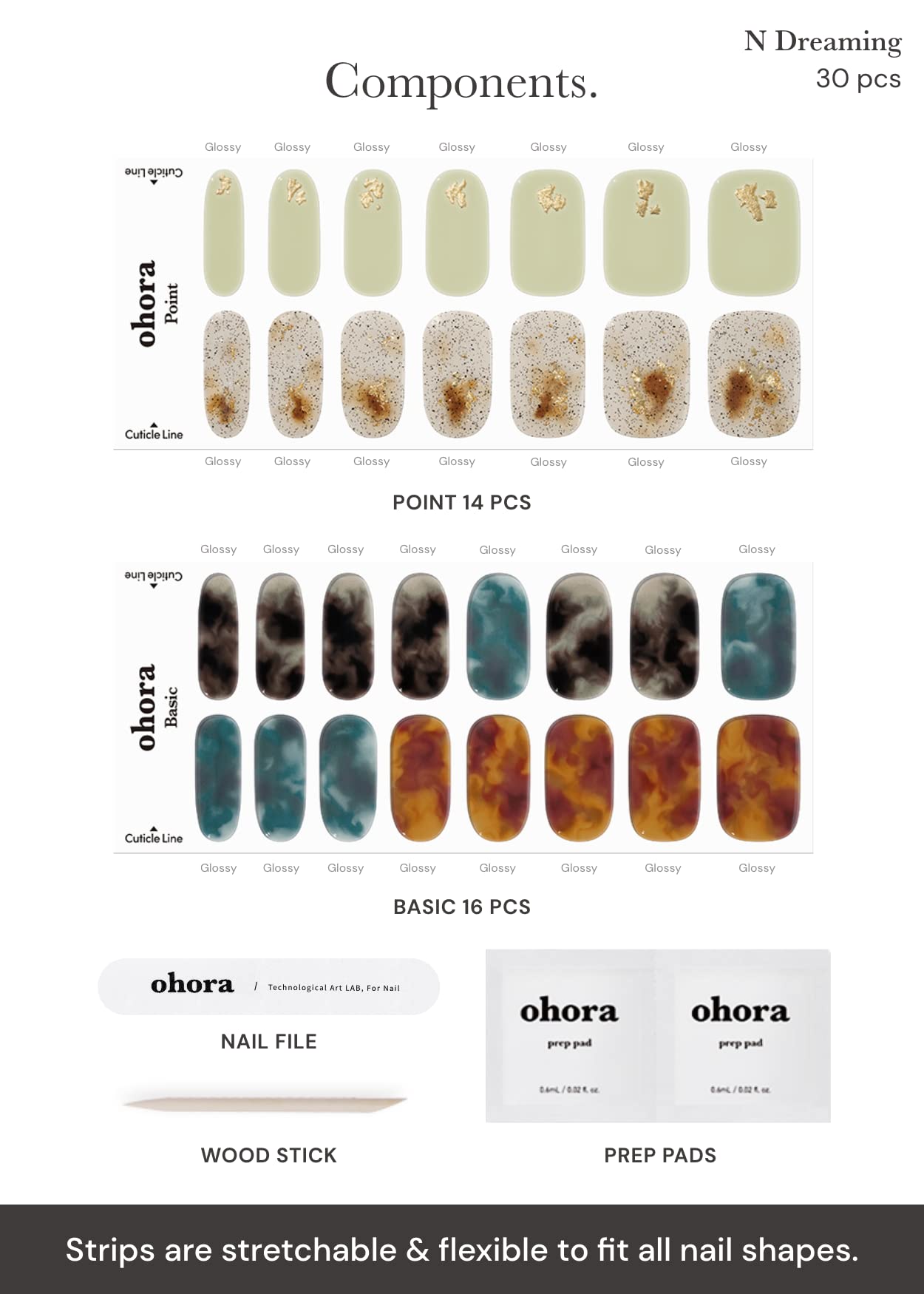 ohora Semi Cured Gel Nail Strips (N Dreaming) - Dark, Patterned, Works with Any UV/LED Lamps, Salon-Quality, Long Lasting, Easy to Apply & Remove - Includes 2 Prep Pads, Nail File & Wooden Stick