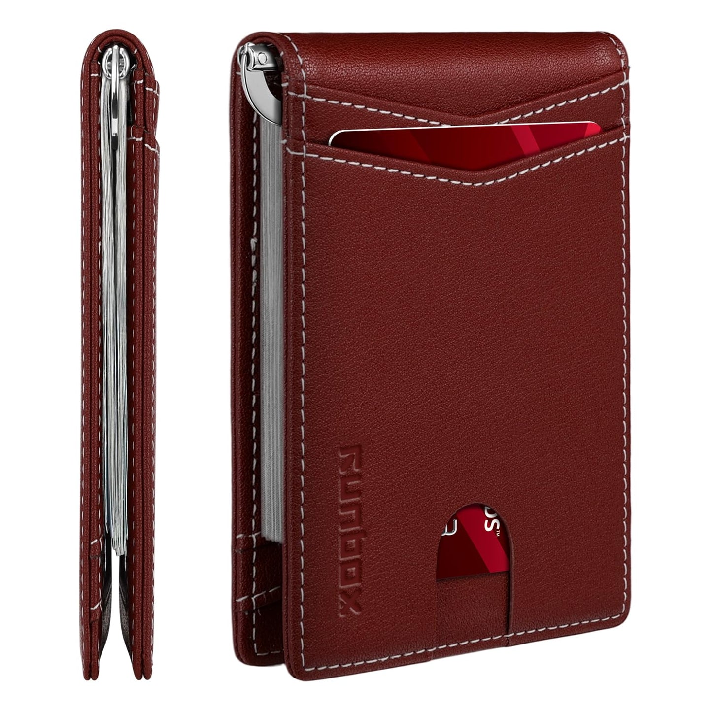 RUNBOX Slim Money Clip Wallets for Men RFID Blocking 8 Card Holder Minimalist Small Thin Carbon Leather Bifold Mens Front Pocket Wallet Gift Box(Vermilion)