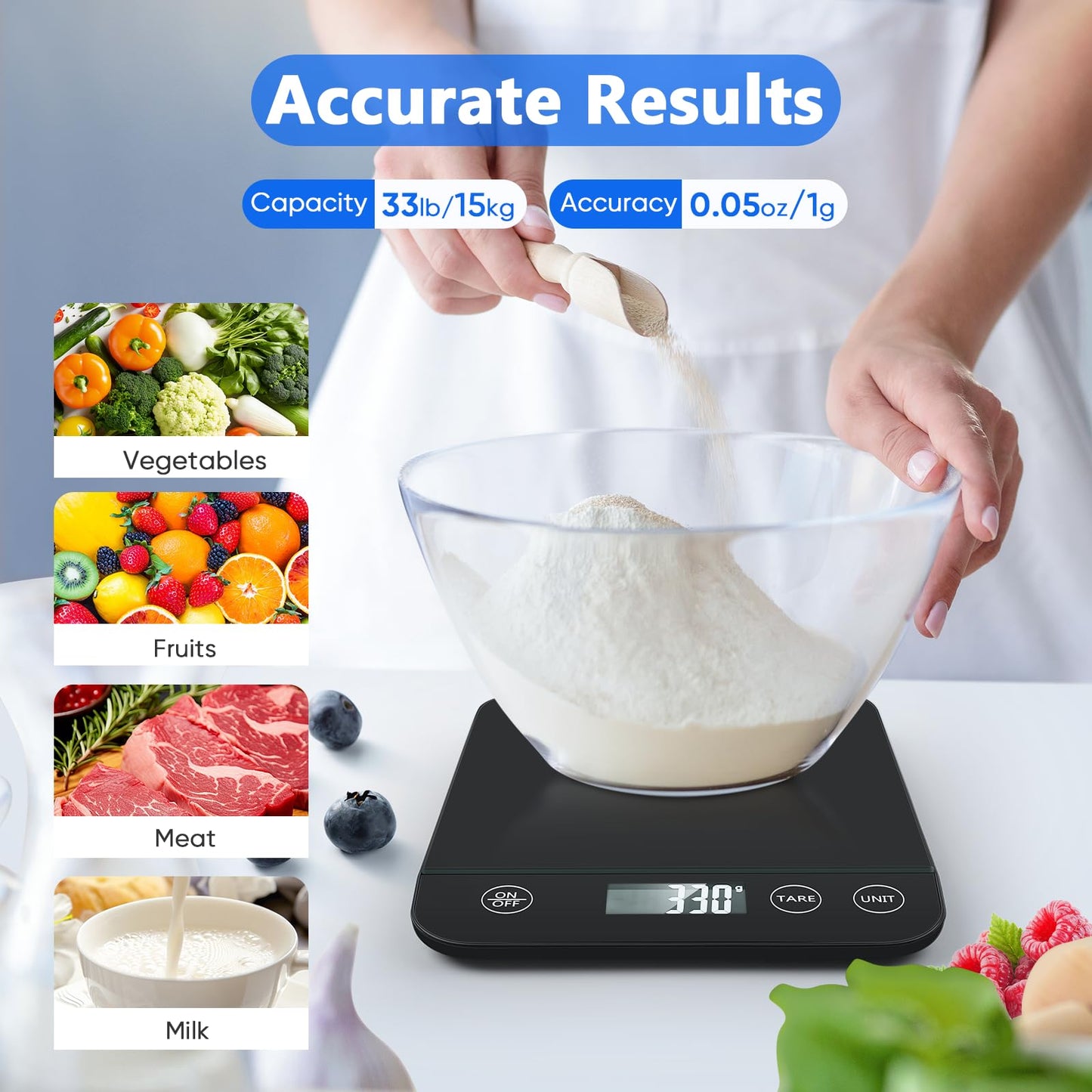Digital Kitchen Scale, 22lb Capacity, Tempered Glass, Easy Tare Function, Large LCD Display, Perfect for Cooking, Baking and Meal Prep