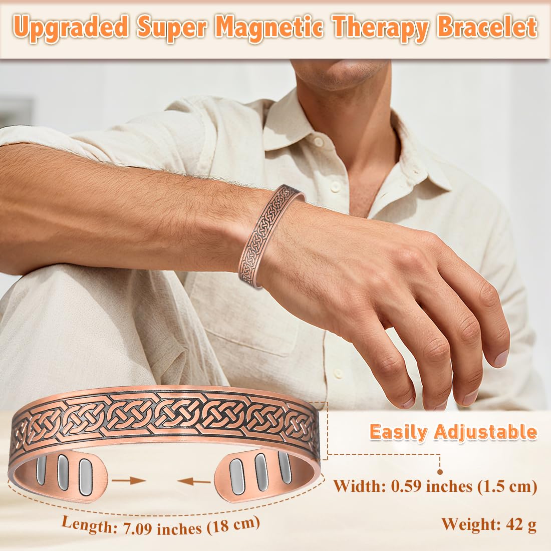 Cigmag Copper Magnetic Bracelet for Men, with Powerful 9X 5000 Gauss Magnets, Adjustable Solid Pure Copper (Axe)