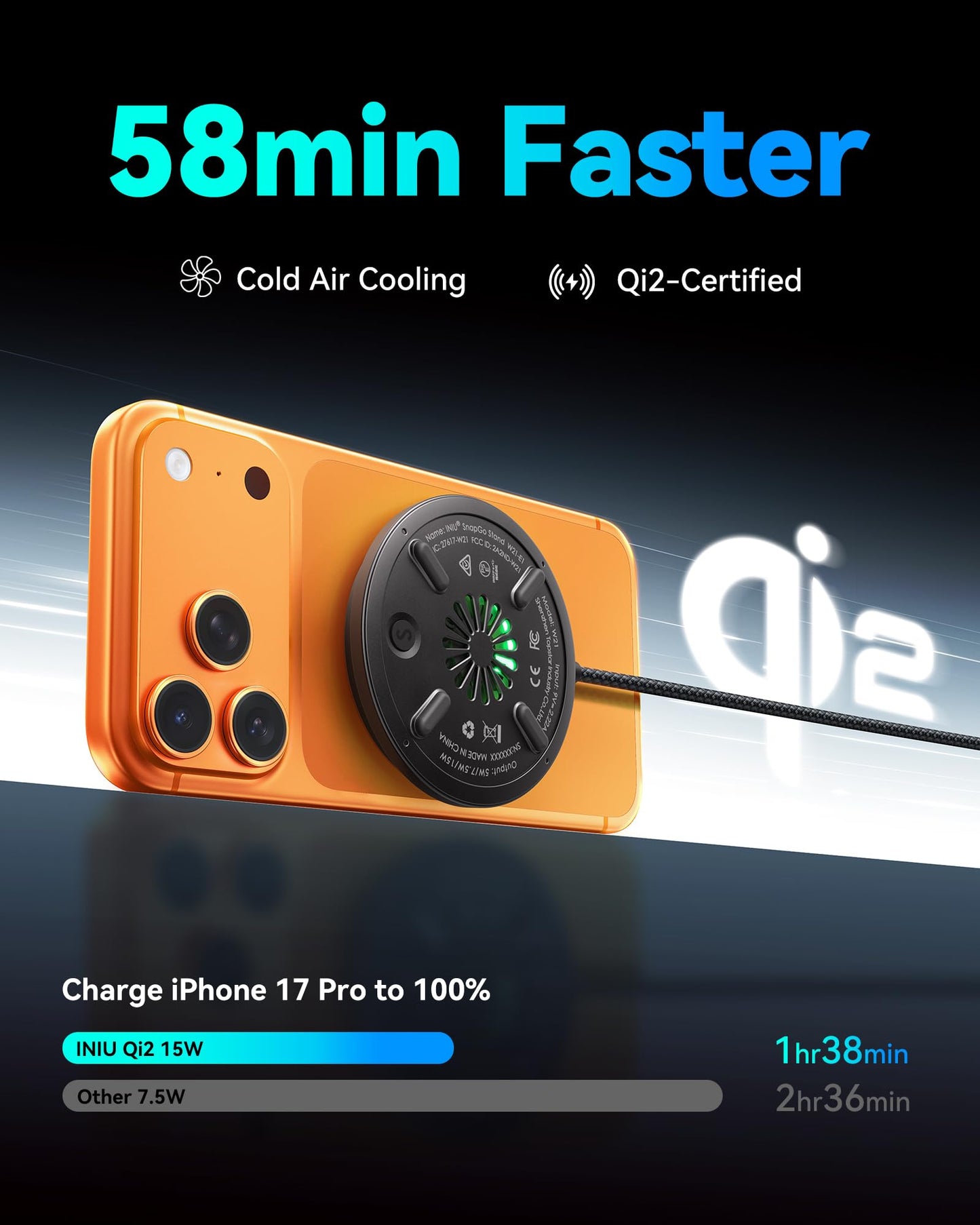 INIU for Mag-Safe Charger, Qi2 Certified 15W Fast Wireless Charging Pad with Cooling Fan for Gamers, Only for iPhone 17 16 15 14 13 12 Series, AirPods, and More (Adapter Included)