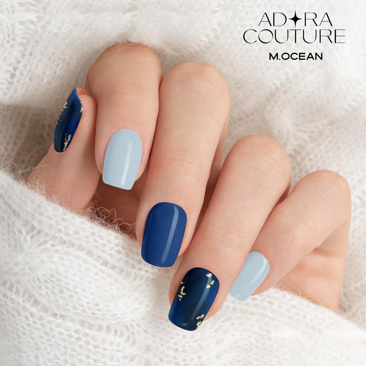 Adora Couture Semi-Cured Gel Nail Strips - 30 Salon-Quality Stickers with UV Light Required, Long Lasting, Easy Application & Removal, Includes Prep Pads, Nail File, Wooden Stick (Blue Ocean)