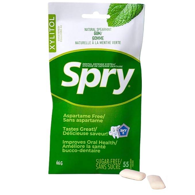Spry On The Go Fresh Natural Xylitol Chewing Gum Dental Defense System - Aspartame-Free, Sugar-Free, Non-GMO (Spearmint, 55 Count - Pack of 3)