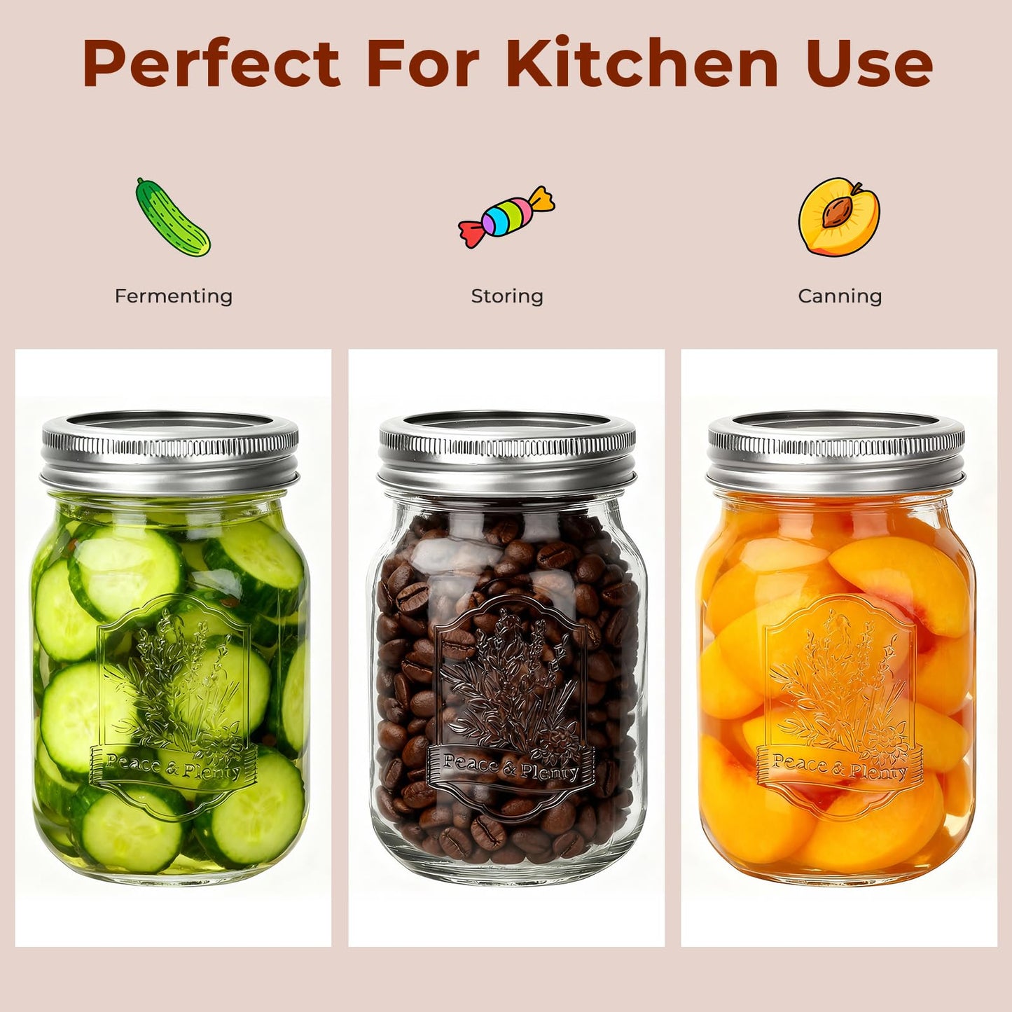 CycleMore 9 Pack 16 oz Mason Jars with Airtight Lids - Embossed Pint Glass Canning Jars for Pickling, Food Storage, Wedding Favors & DIY Crafts - Regular Mouth Design with Labels & Jute String