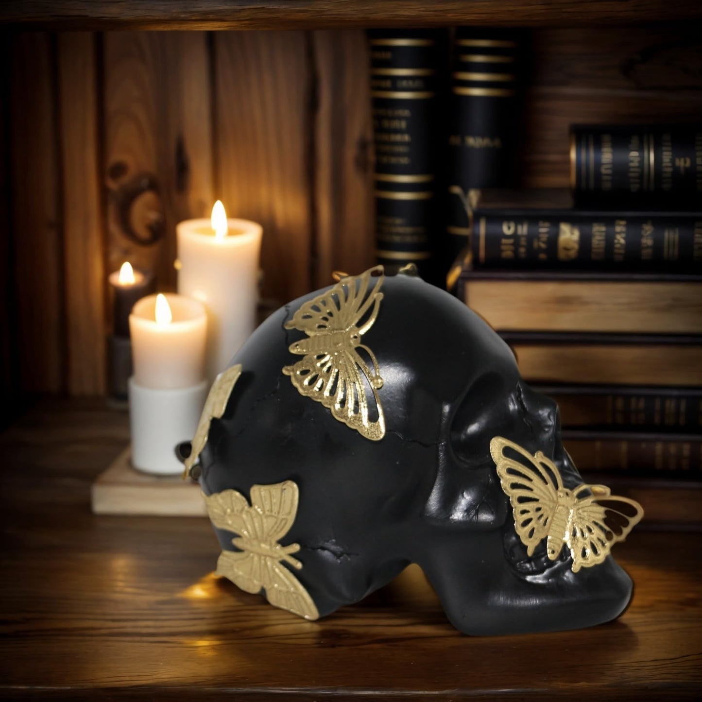 JOOMBE Black Skull Statue with Glod Butterfly,Halloween Decoration Home Decor Collectible Figurines (Small)