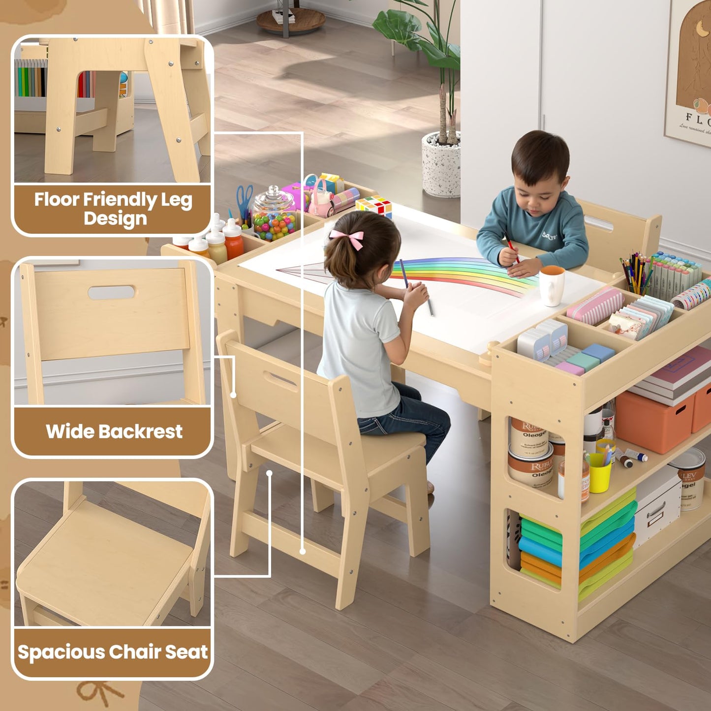 Kids Art Table and Chair Set, Kids Craft Table with Storage, Toddler Activity Play Desk with 2 Chairs, Wood Art Craft Play Desk with Paper Roller for Writing, Drawing, Learning and Reading