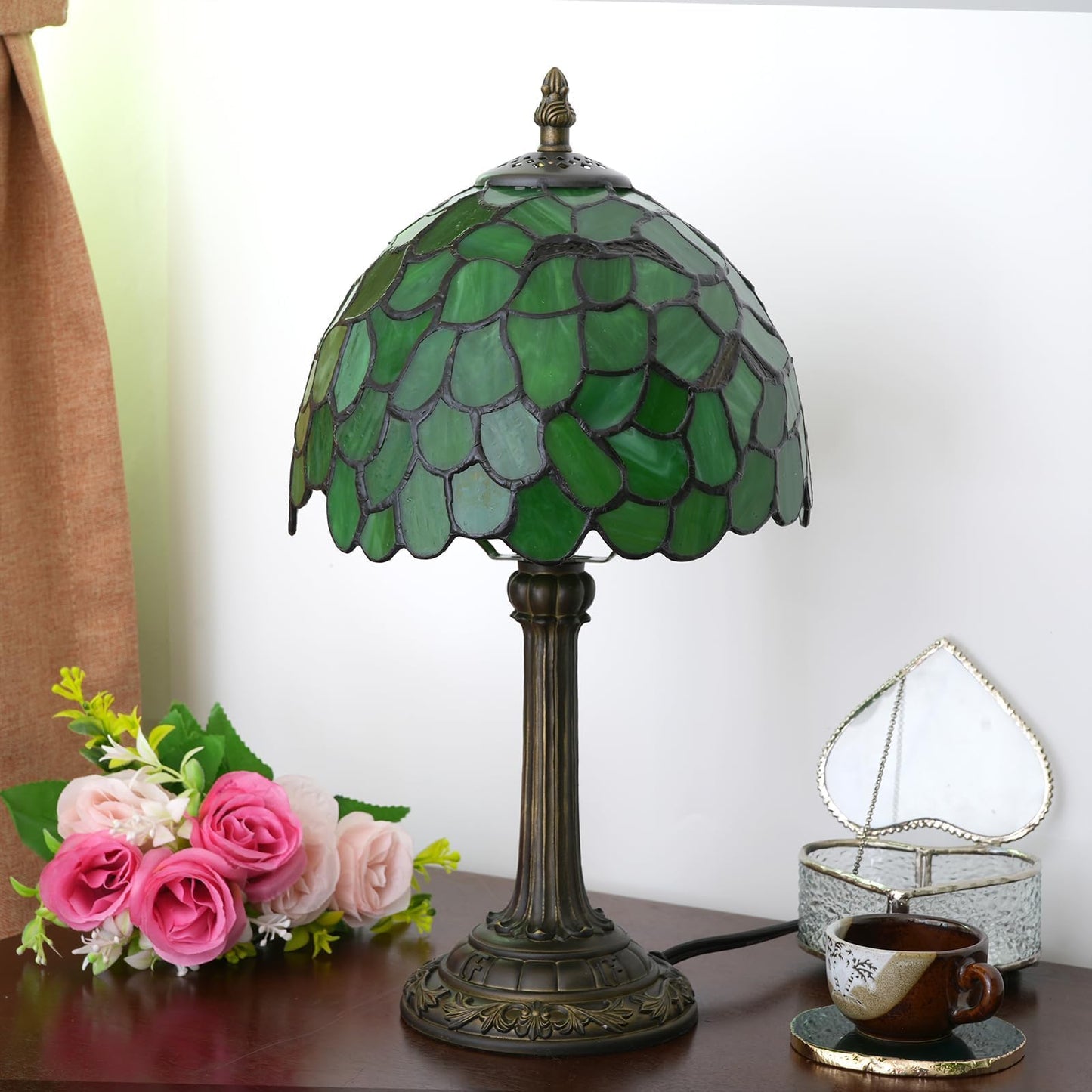 wecrejoni Tiffany Lamp Stained Glass Table Lamp 8X8X14 Inches Desk Reading Light Decor Beside Bedroom Living Room Home (H-1056- Green Leaf)