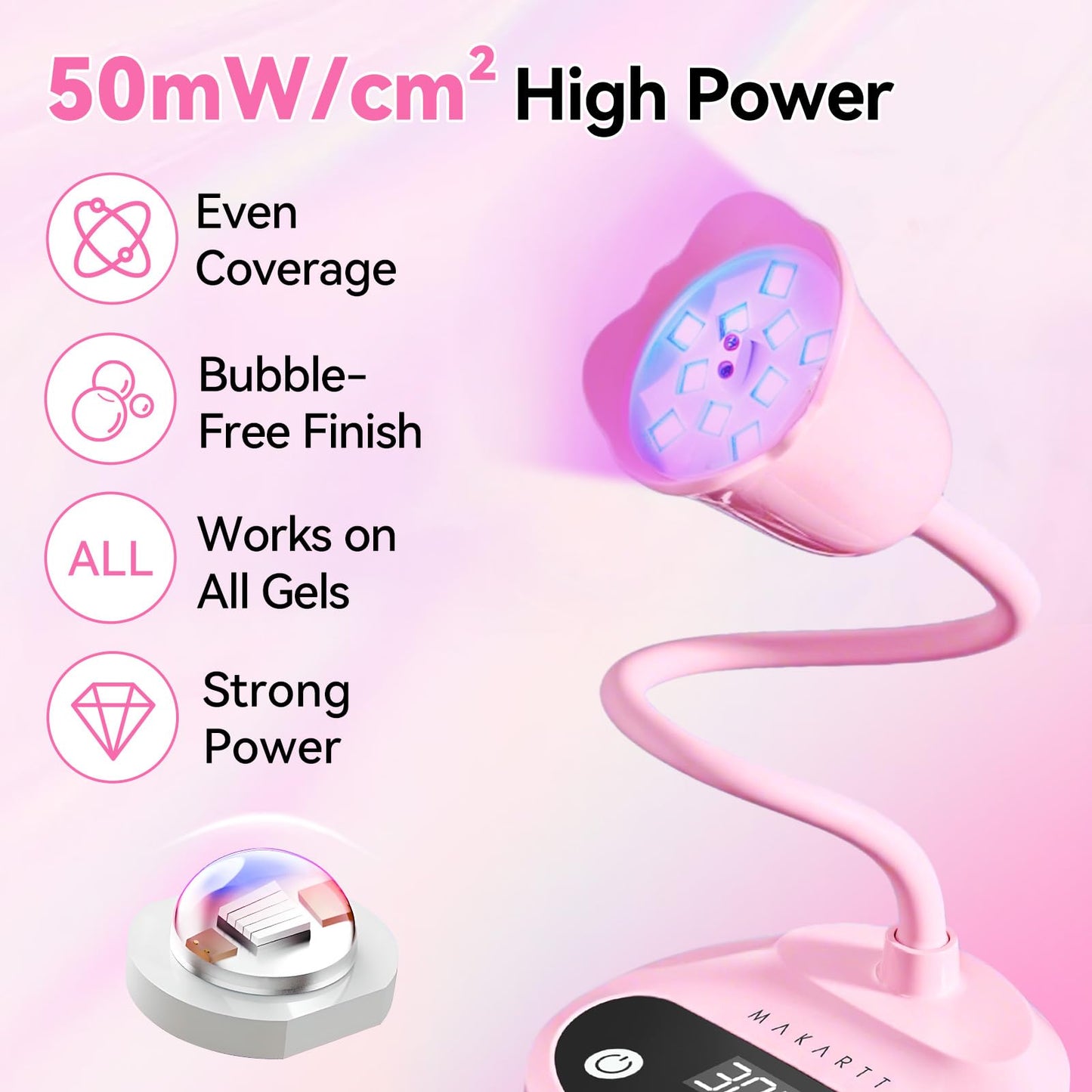 Makartt UV Nail Lamp - Gooseneck LED Nail Light with Auto Sensor & 4 Timers, Rechargeable USB Cordless Flash Cure Lamp Nail Dryer Fast Curing Gel Polish at DIY Home Salon(Pink)