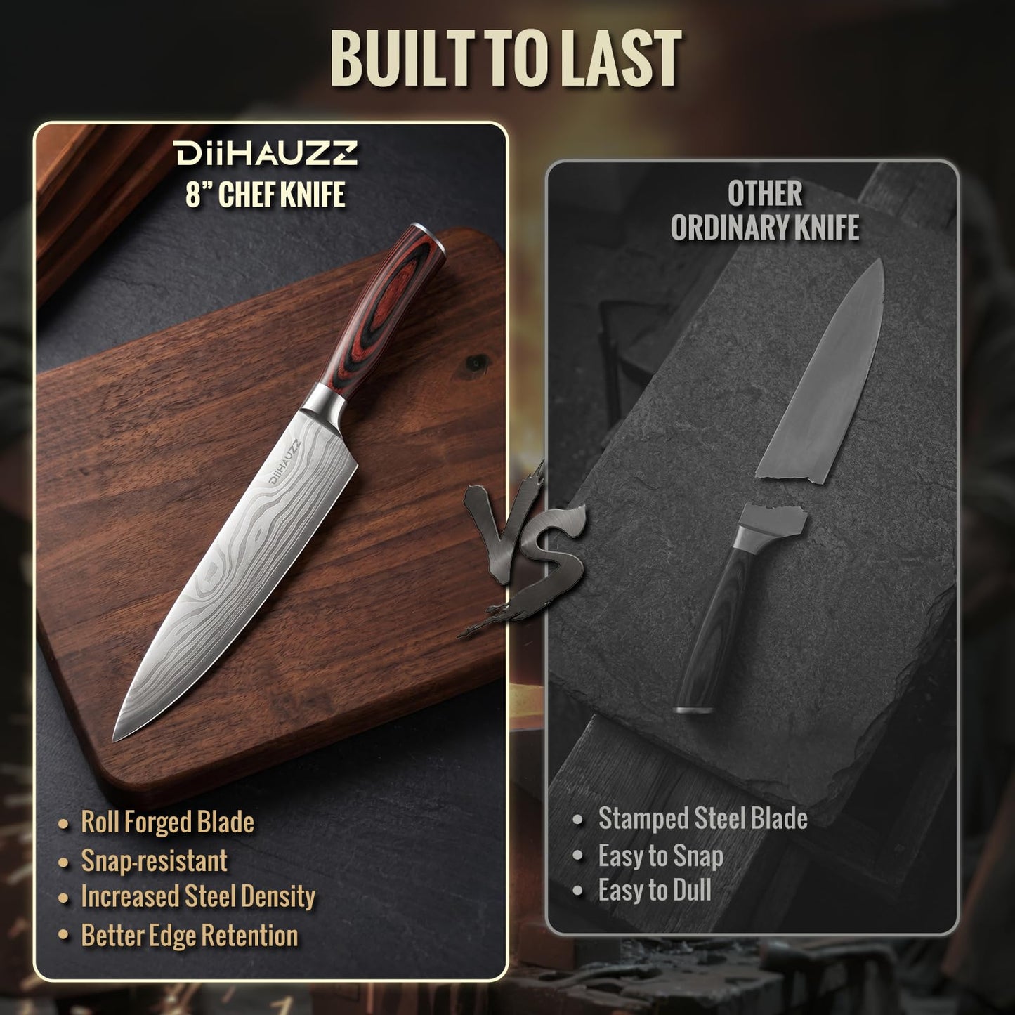 DiiHAUZZ Chef Knife, 8 Inch Ultra Sharp Kitchen Knife, High Carbon Stainless Steel Chefs Knife with Ergonomic Handle, Professional Forged with Sheath and Gift Box for Men and Women, Mothers Day Gift