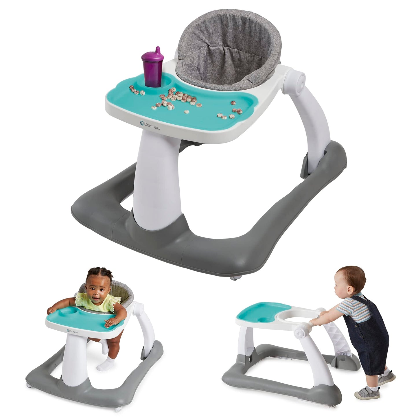 Contours Graze 2-in-1 Foldable Infant and Baby Push Walker, Seated or Walk-Behind Design, Removable and Washable Seat Pad and Snack Tray, Height Adjustable Seat Pad, Wide and Sturdy Frame - Gray/Teal