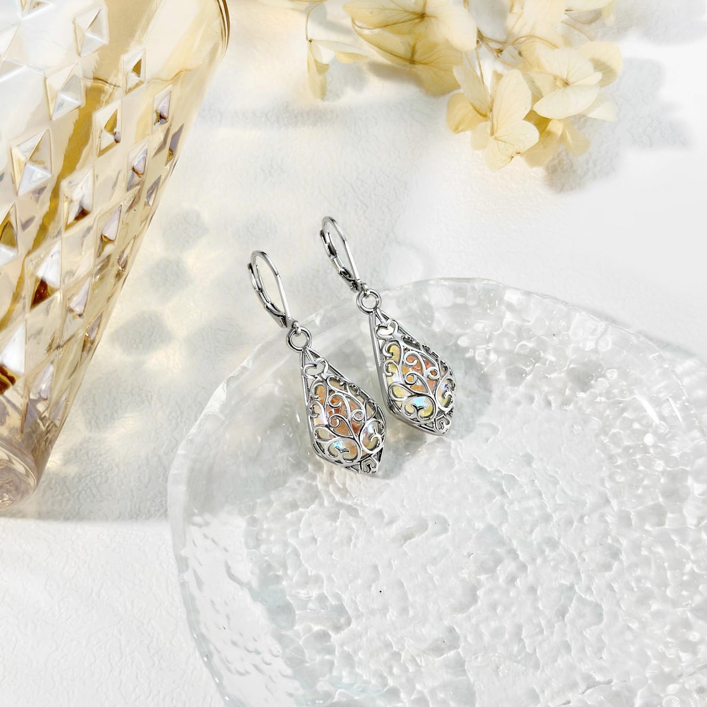 HELORET Moonstone Earrings for Women Filigree Irish Celtic Teardrop Leverback Dangle Earrings for Women