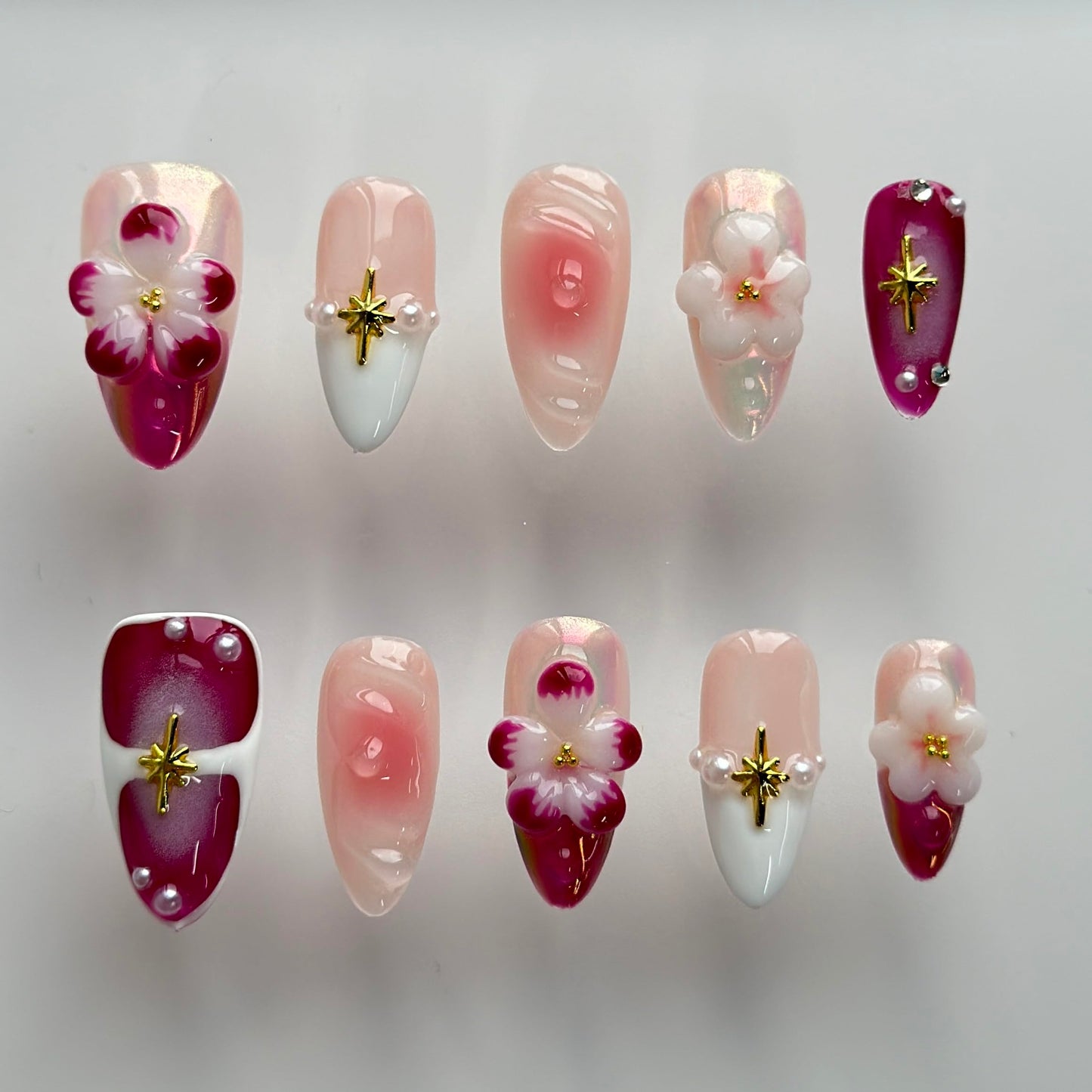 Luxury Press on Nails Medium Almond Handmade 3D Unique Reusable ABS Material Fake Nails Chrome French Tip False Nails with Designs Pink Flower Pearls Glossy Glue on Nail Thick Acrylic Nail(S)