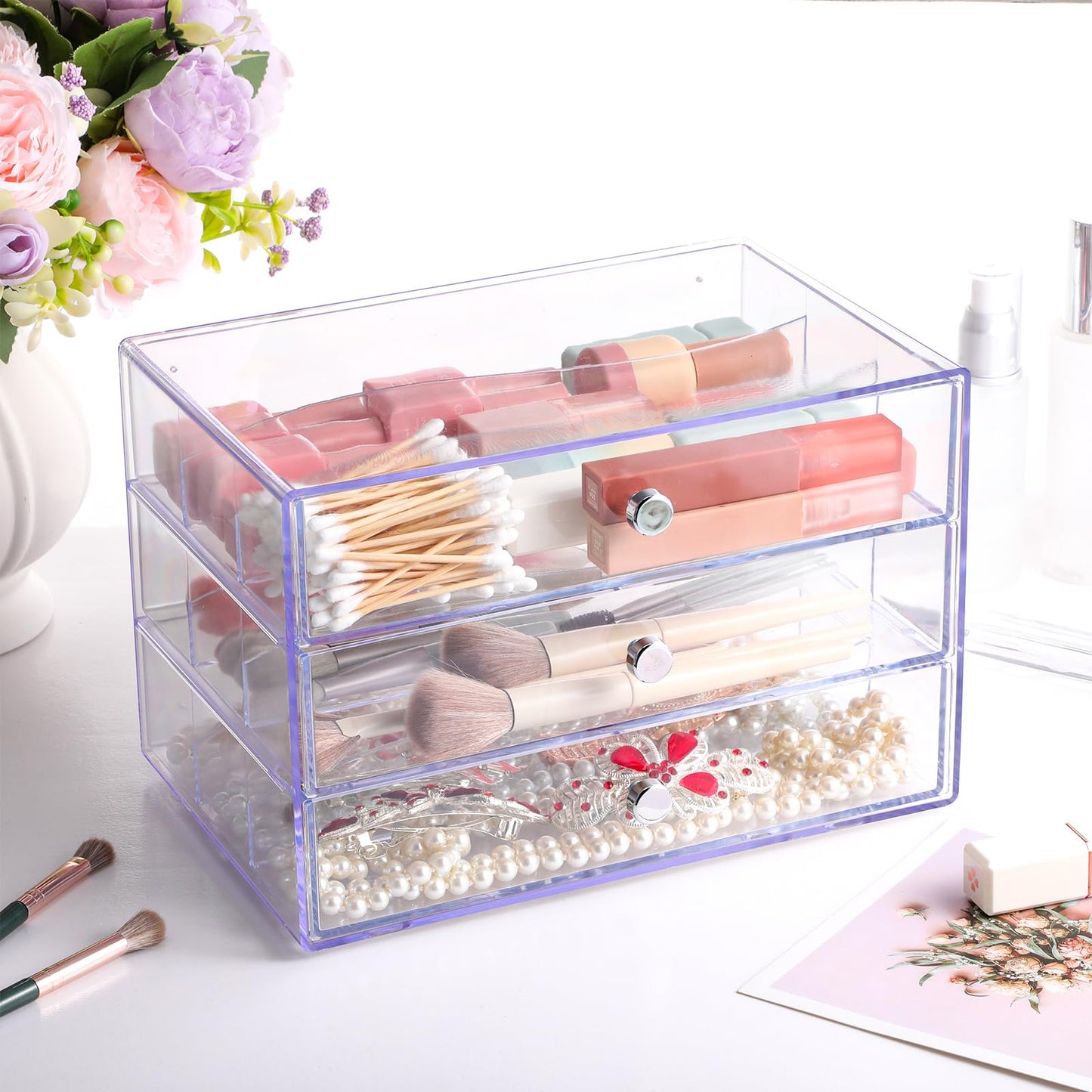 Wonderjune 1 Pack 3 Drawer Washi Tape Organizer Plastic Washi Tape Storage Cube Organizer Box 10 x 7 x 6.8 Large Capacity Clear Storage Drawer Holder for Art Craft Embellishments Jewelry Makeup