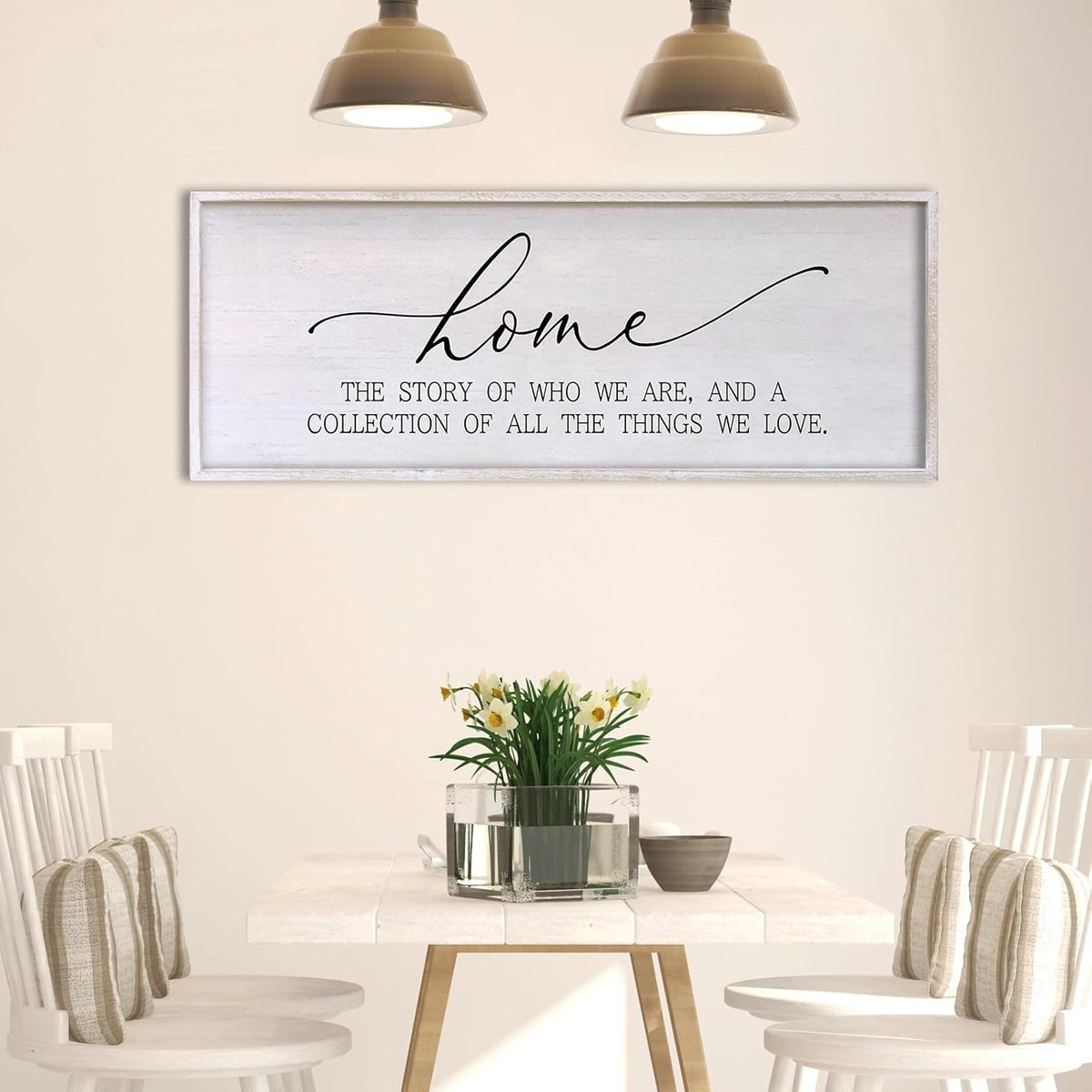 Home The Story of Who We Are Sign Farmhouse Family Wall Decor 32x12 Inch Plaque Wood Framed Art for Hanging (White)