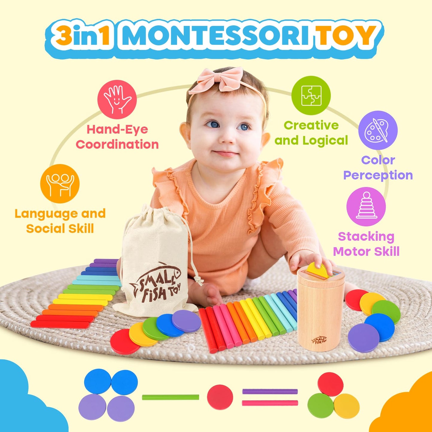 SMALL FISH Wooden Montessori Baby Toys and Toddler Busy Board Bundle