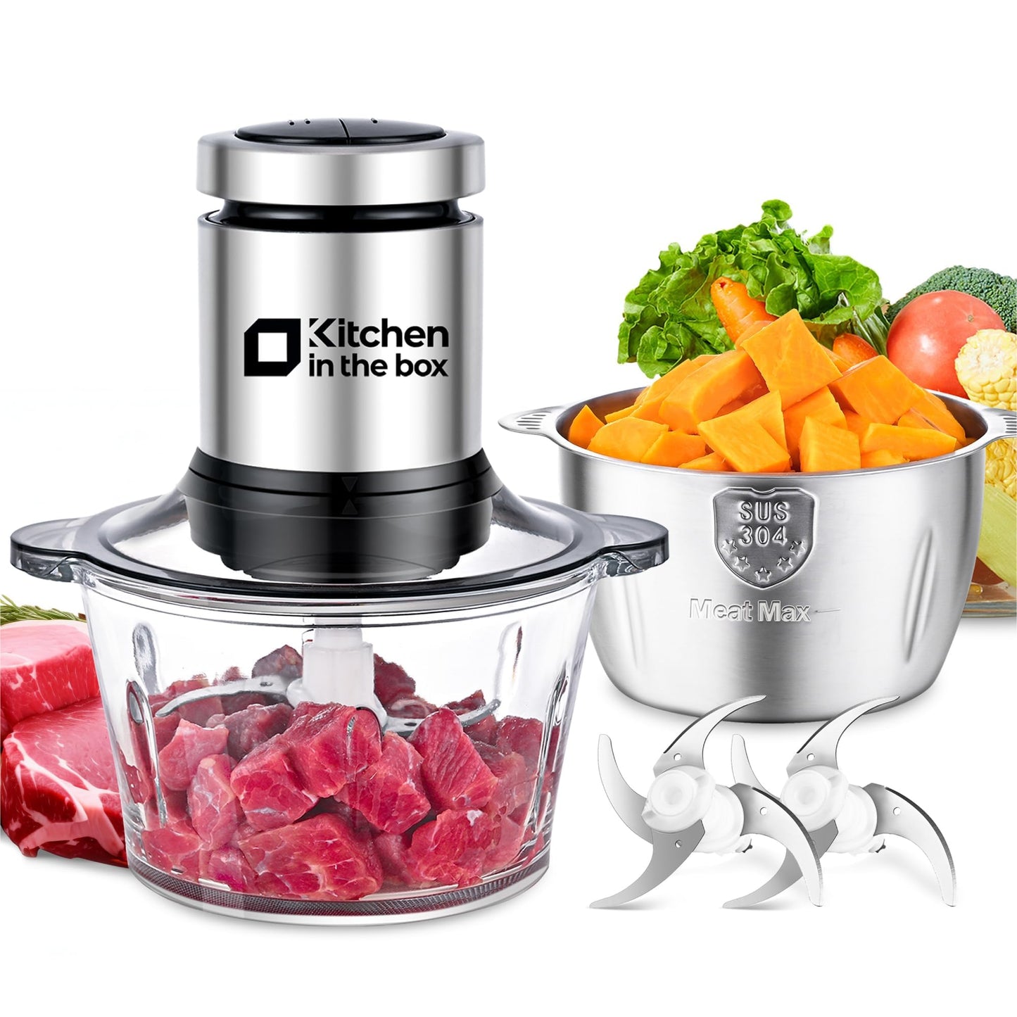 Kitchen in the box Food Processor, Electric Meat Grinder & Food Chopper with 400W Powerful Veggie Chopper-2 Bowls（8 Cup+8 Cup） & 2 Bi-Level Blades for Meat/Fish/Vegetable/Baby Food（Black Button）