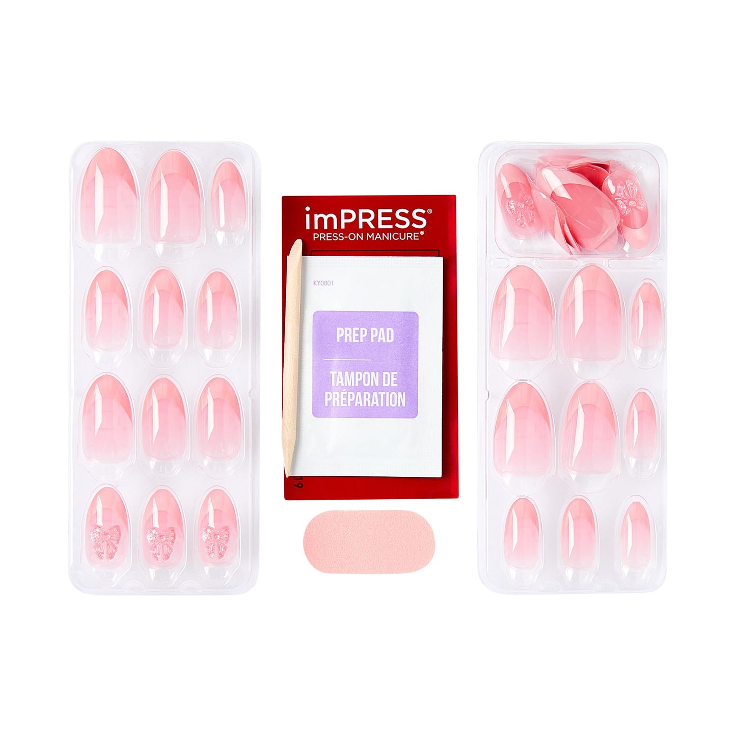 Kiss Impress No Glue Mani Press On Nails, Design, 'Glow Muse', Pink, Medium Size, Almond Shape, Includes 30 Nails, Prep Pad, Instructions Sheet, 1 Manicure Stick, 1 Mini File