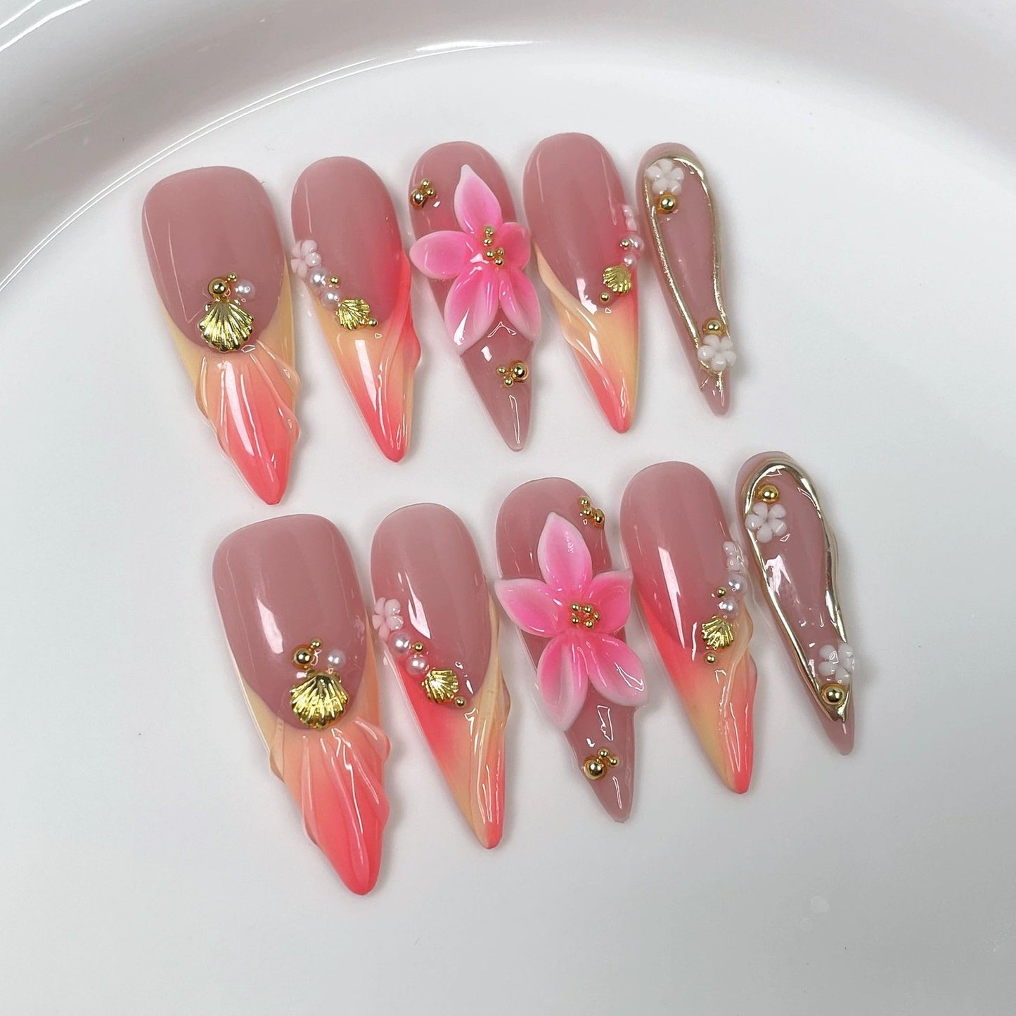 Threelegscat Handmade Press on Nails Long Almond Shape Fake Nails Stiletto Nail With Design for Women and Girls 10pcs Size M Pattern St1151