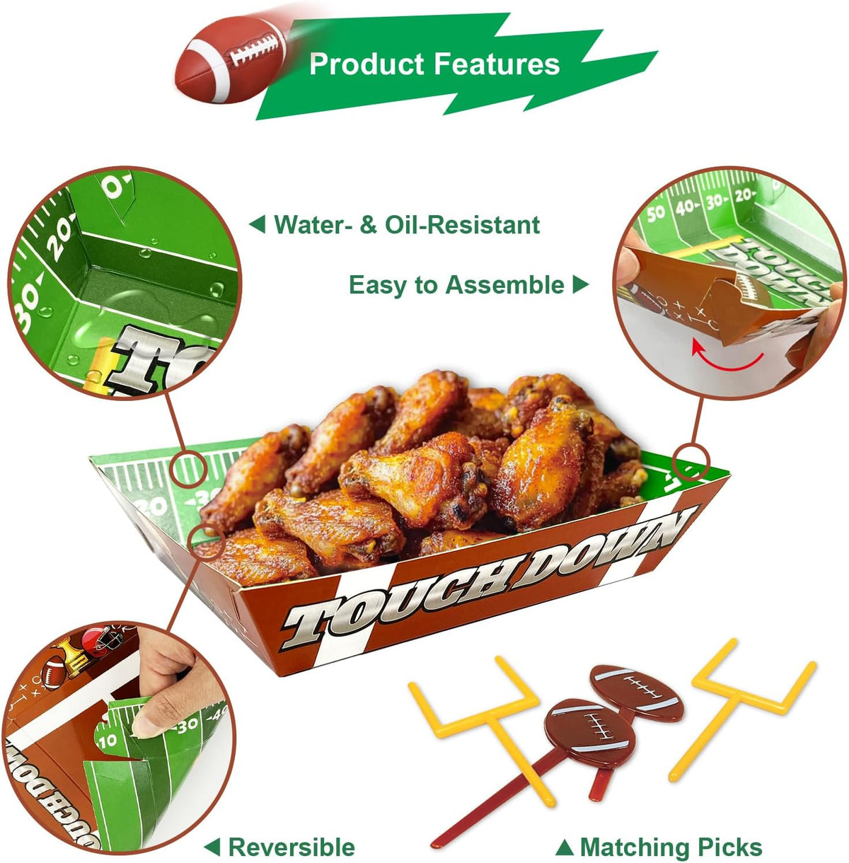 50-Piece Football Party Food Tray Box Kit - 30 Oil-Resistant Paper Snack Trays & 20 Goalpost and Football Picks for Nachos, Popcorn, Chips at Super Bowl, Tailgate, College Games, Sports Birthdays