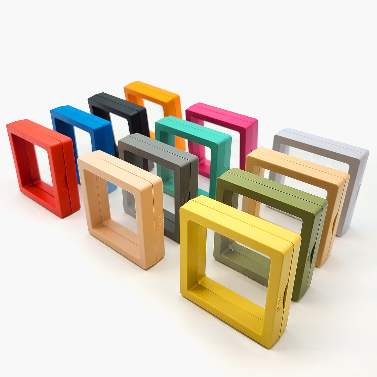ITUTOO 12PCS 3D Floating Frame Display Stand, Jewelry Case, Gift Box, Ornament Organizer, Small Travel Jewelry Box, PE Film Anti-Oxidation, Suspended Display Box Stackable (Mixed color, 2.76 * 2.76)