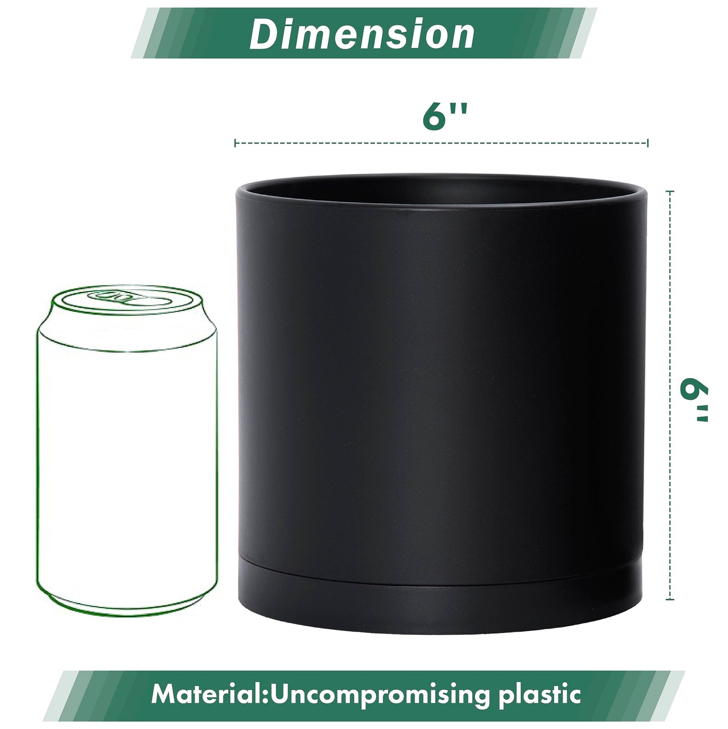 D'vine Dev 4 Pack 6 Inch Modern Plastic Plant Pots, Small Garden Planters for Plant with Drainage Holes and Saucers, Black Color, 74-Y-J-2