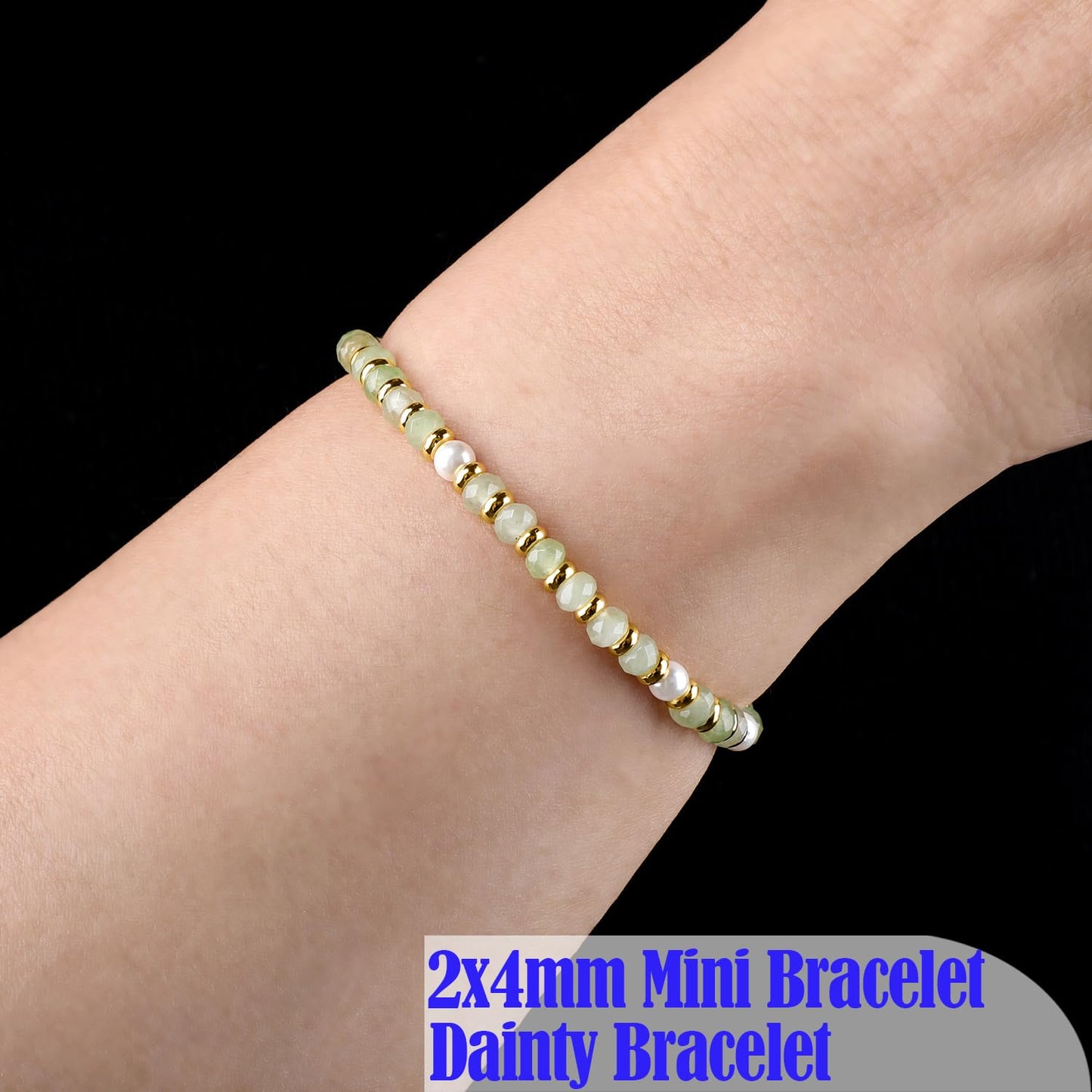 QOGIR Green Aventurine - Prosperity - 14K Gold Plated Beads Natural Gemstone Stretch Elastic Dainty Healing Beaded Bracelets Gifts 2x4mm