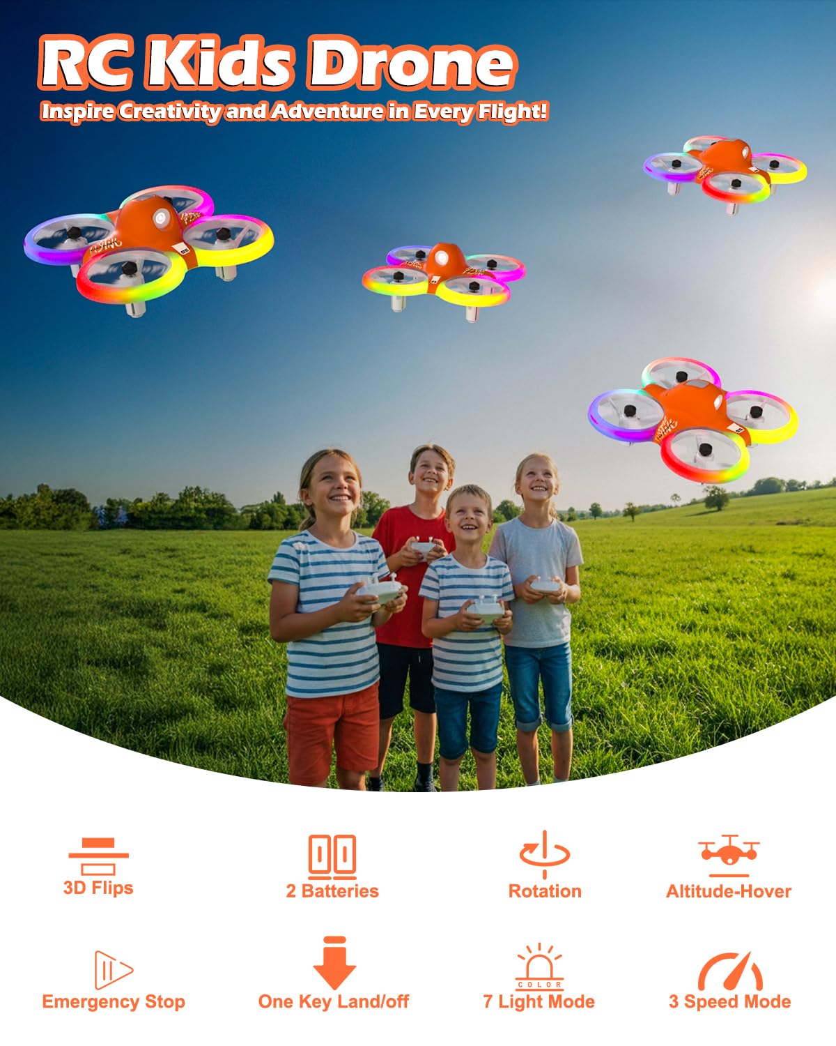 Drone for Kids with Colorful Light, Mini Indoor RC Drone Quadcopter Toy with 360 Flip, Altitude-Hover, Self-Rotation, 3 Speed Modes, 2 Batteries for Boys Girls and Beginners