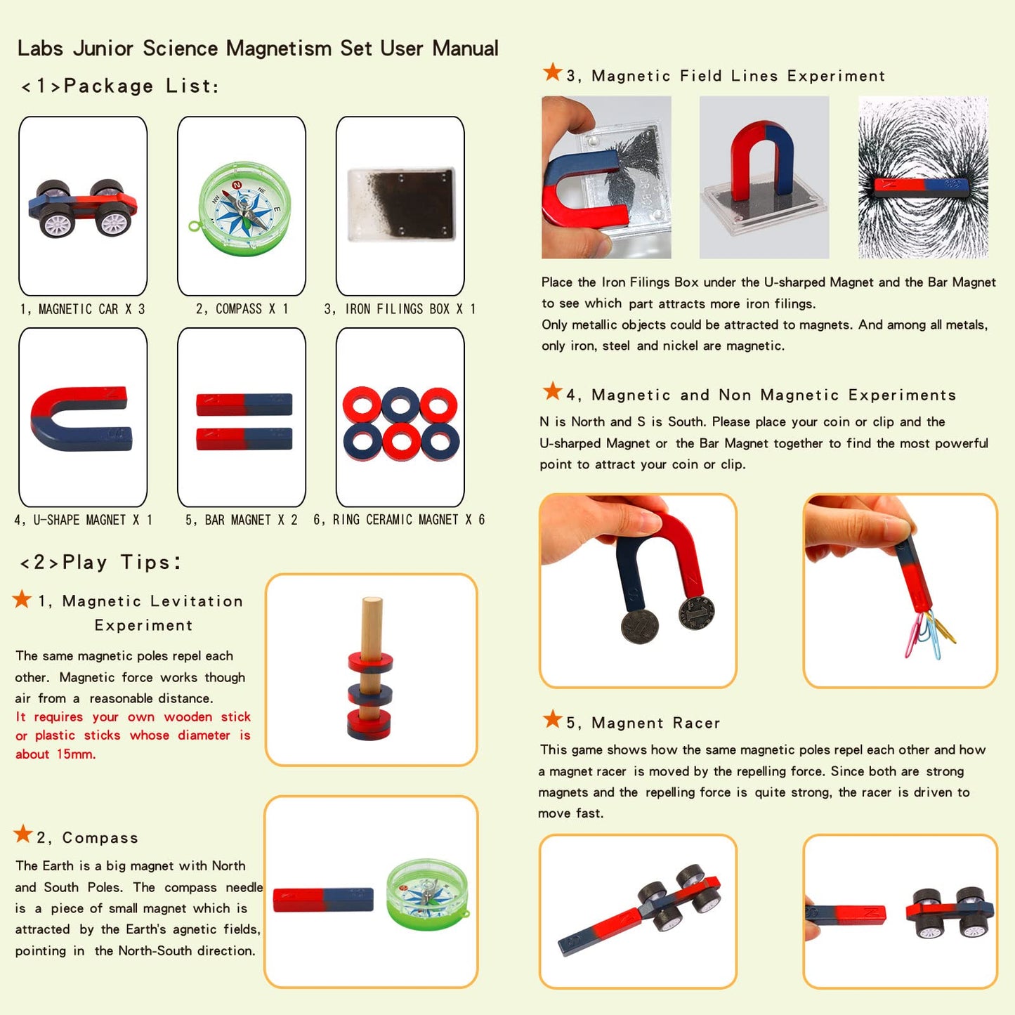 Science Magnet Kits for Kids: Educational Magnet Science Projects Experiment Tools Physics Lab Kits Includes Bar/Ring/Horseshoe/Compass/Iron Powder