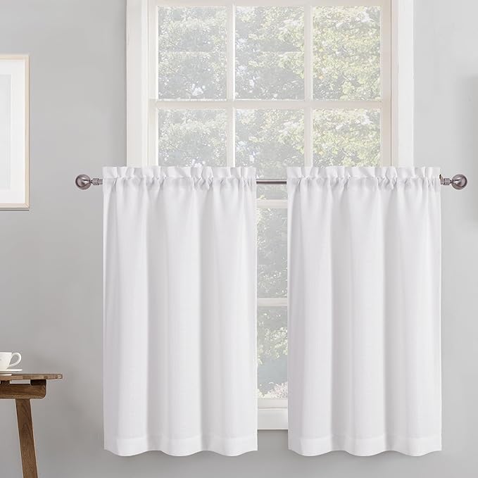 Chyhomenyc 2 Panels White Curtains 24 Inch Length Tier Curtain, Faux Linen Textured Small Cafe Curtains, Light Filtering Short Camper Curtain for RV Window Bathroom, 30x24 Inch, 2PCS
