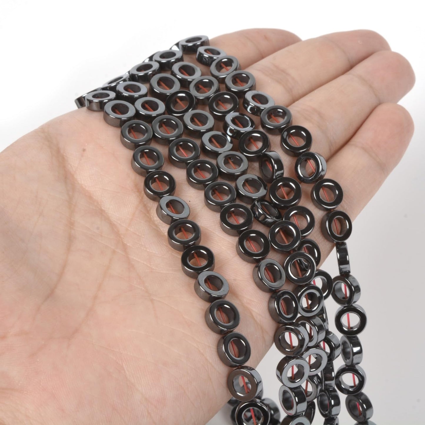 Natural 8mm Hematite Hollow Circle Flat Round Ring Shape Donut Beads Strand 16 Inch for Jewelry Making