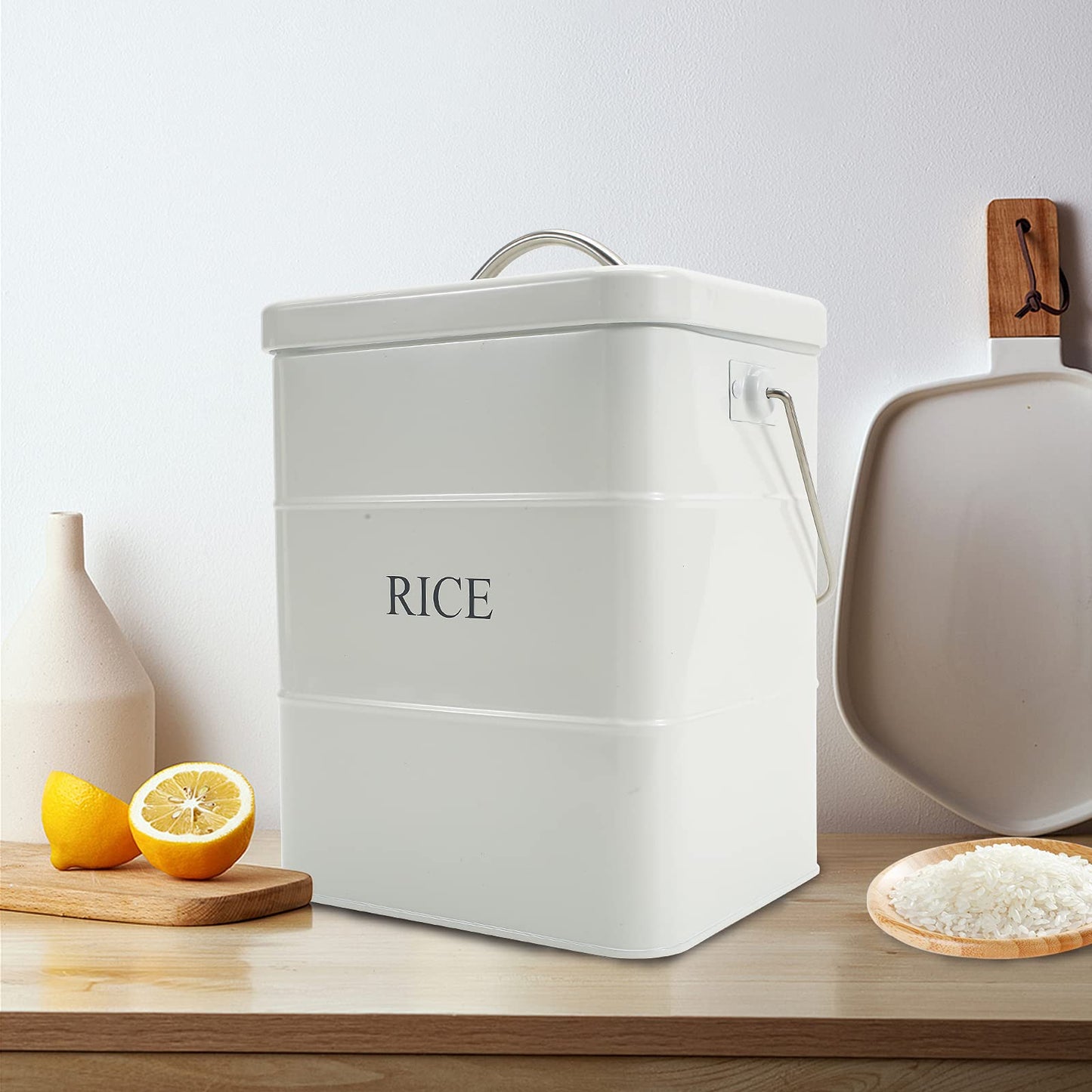 Xbopetda Metal Rice Storage Box, Square Rice Container with Lid and handle, Sealed Food Storage Bin for Kitchen, Countertop Organizer Jar for Rice Flour Soybean Grain Cereal-White