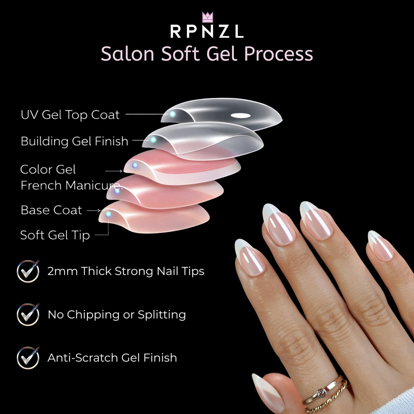 French Tip Press on Nails – French Toast | Medium Almond Shape with Glossy Glazed Finish | Salon Quality Fake Nails, 32 Nails(16 Sizes) Kit with Glue & Adhesive Tabs