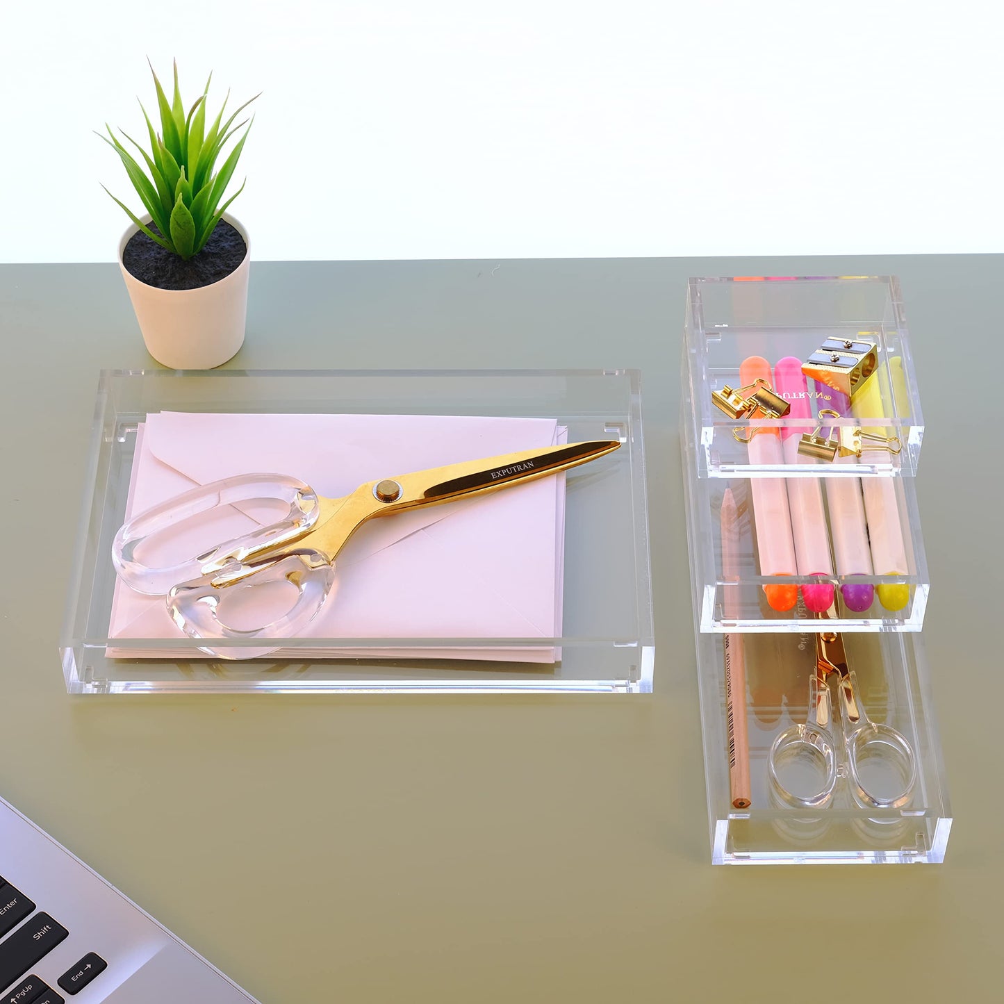 EXPUTRAN Clear Acrylic Desk Organizer for Office or Home Desk Drawer Dividers, Makeup Vanity Storage Bins, Stackable 4-Pack, Acrylic Accessory and Half Accessory Tray/Small Tray