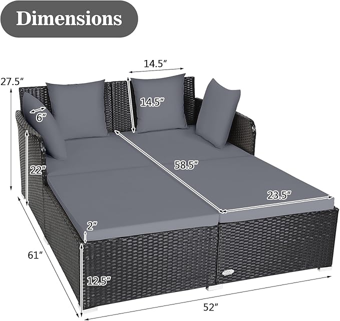 HAPPYGRILL Outdoor Rattan Daybed Patio Loveseat Sofa Set with Padded Cushion Pillows and Sturdy Aluminum Foot Wicker Patio Furniture for Garden Porch Poolside