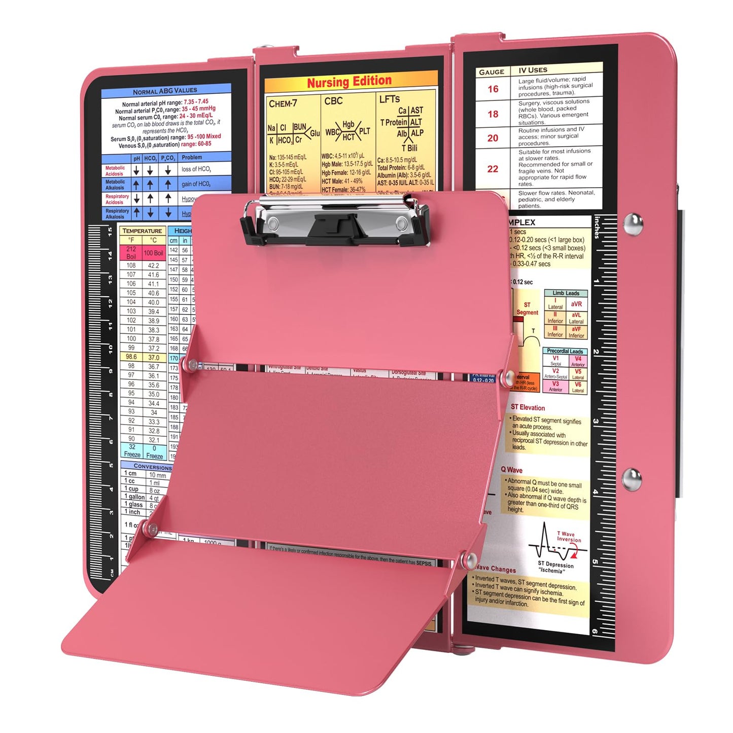 Nursing Clipboard Foldable, Foldable Clipboard w/Nursing Edition Cheat Charts,3 Layers Aluminum, Nurse Clip Board w/Low Profile Clip&Pen Clip Pocket for Students, Nurses and Doctors, Rose