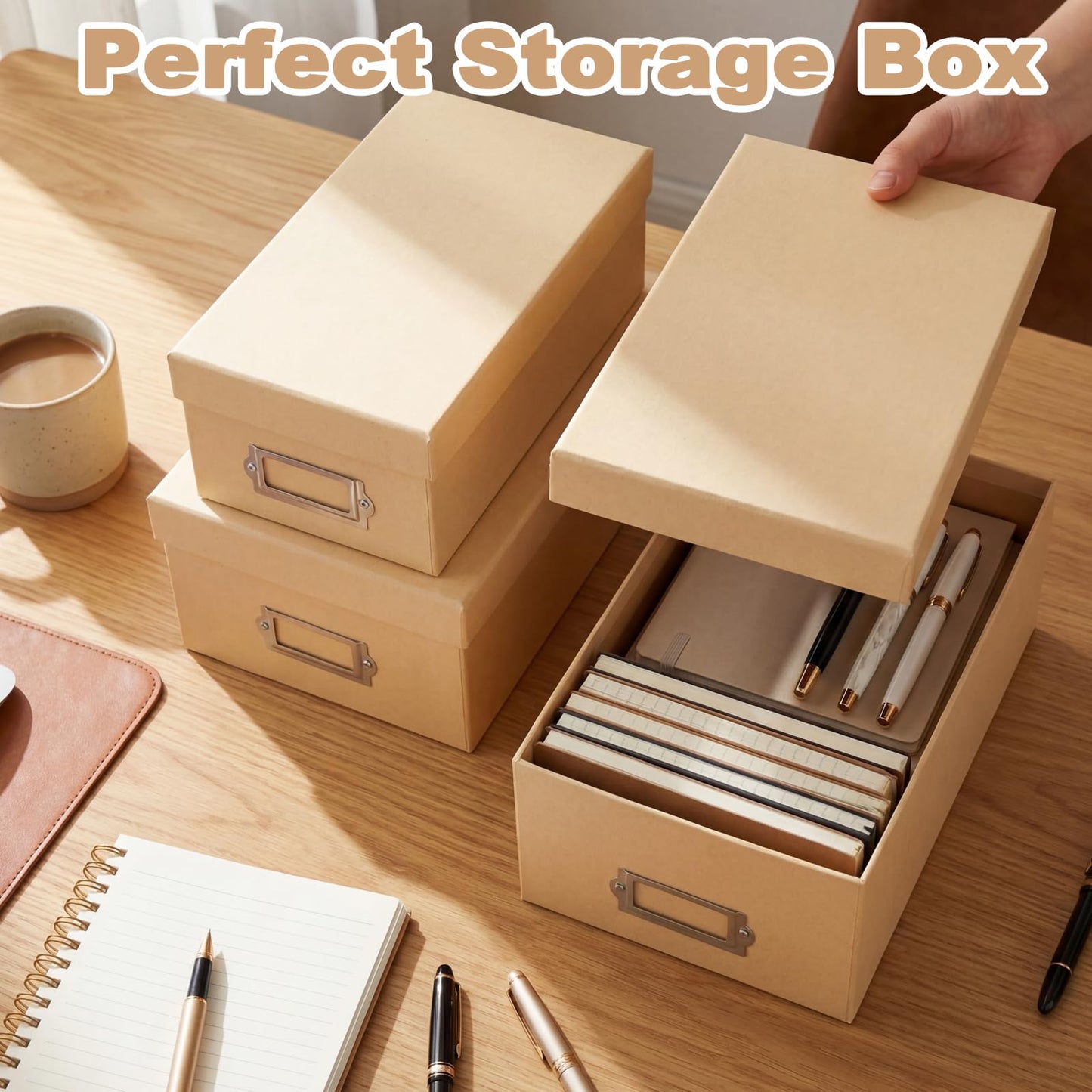 Threehoney 9 Pcs Kraft Storage Boxes Rectangle Stacking Boxes with Lids and Cardboard Organizers with Gold Label Holders for Home Decor and Organizing(Khaki)