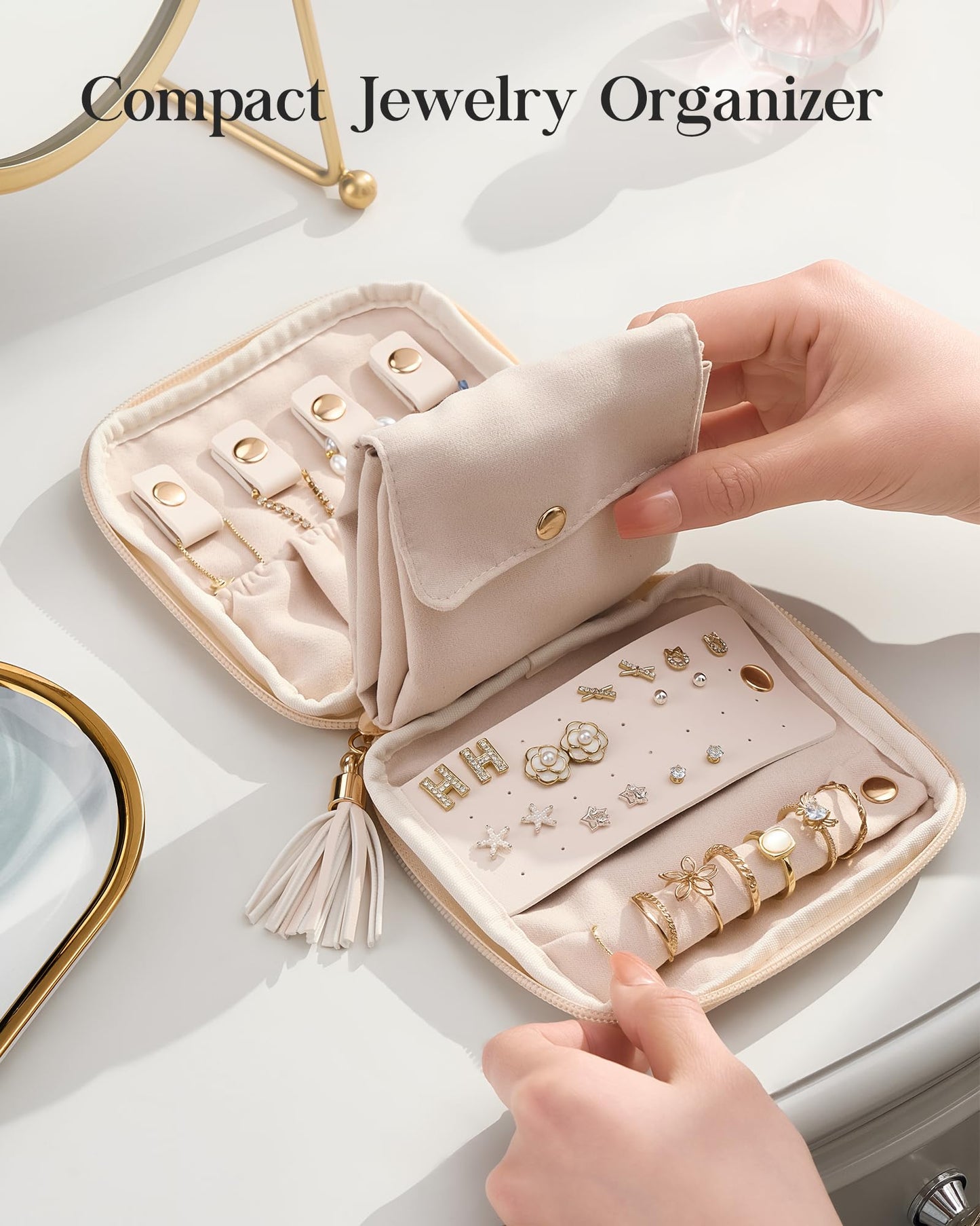 Lolalet Cream 2 Layer Jewelry Box Organizer and Cloud White Travel Jewelry Case Organizer Bundle, Jewelry Storage and Travel Solution